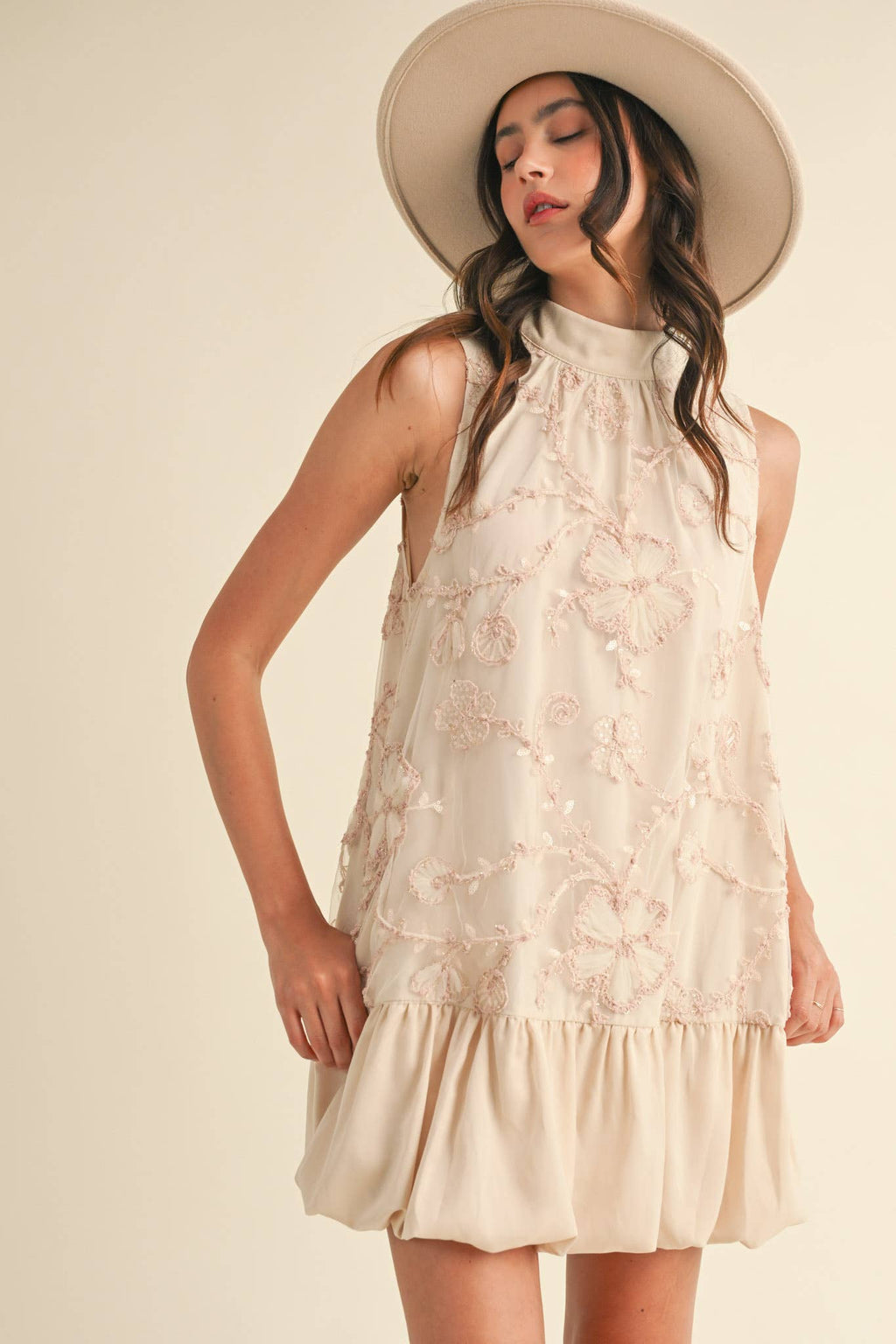 BUBBLE HEM EMBELLISHED MIXED MEDIA MINI DRESS MDR3691