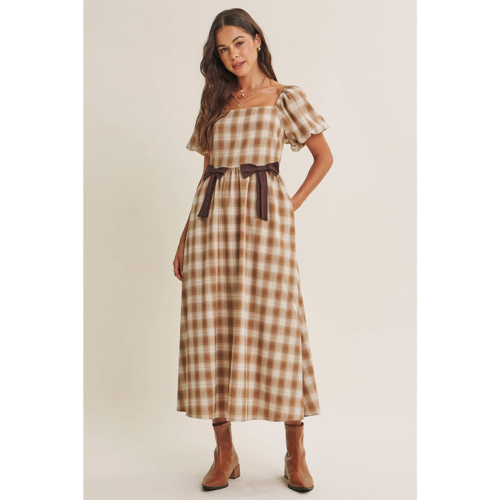 GOLDEN FIELD PLAID SMOCKED MIDI DRESS WITH CONTRAST BOW