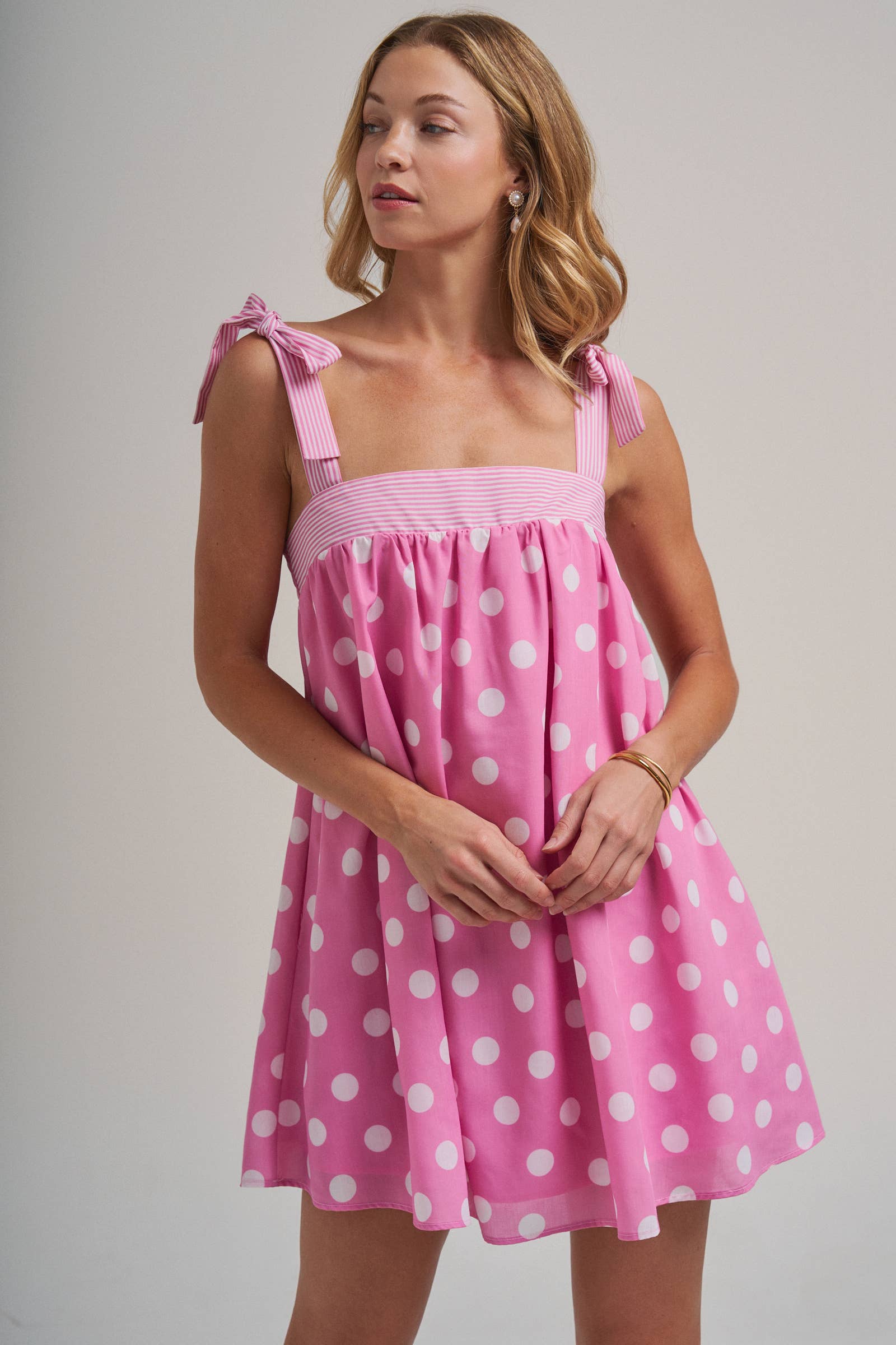 POLKA DOT BABYDOLL A LINE MINI DRESS WITH STRIPE BODICE