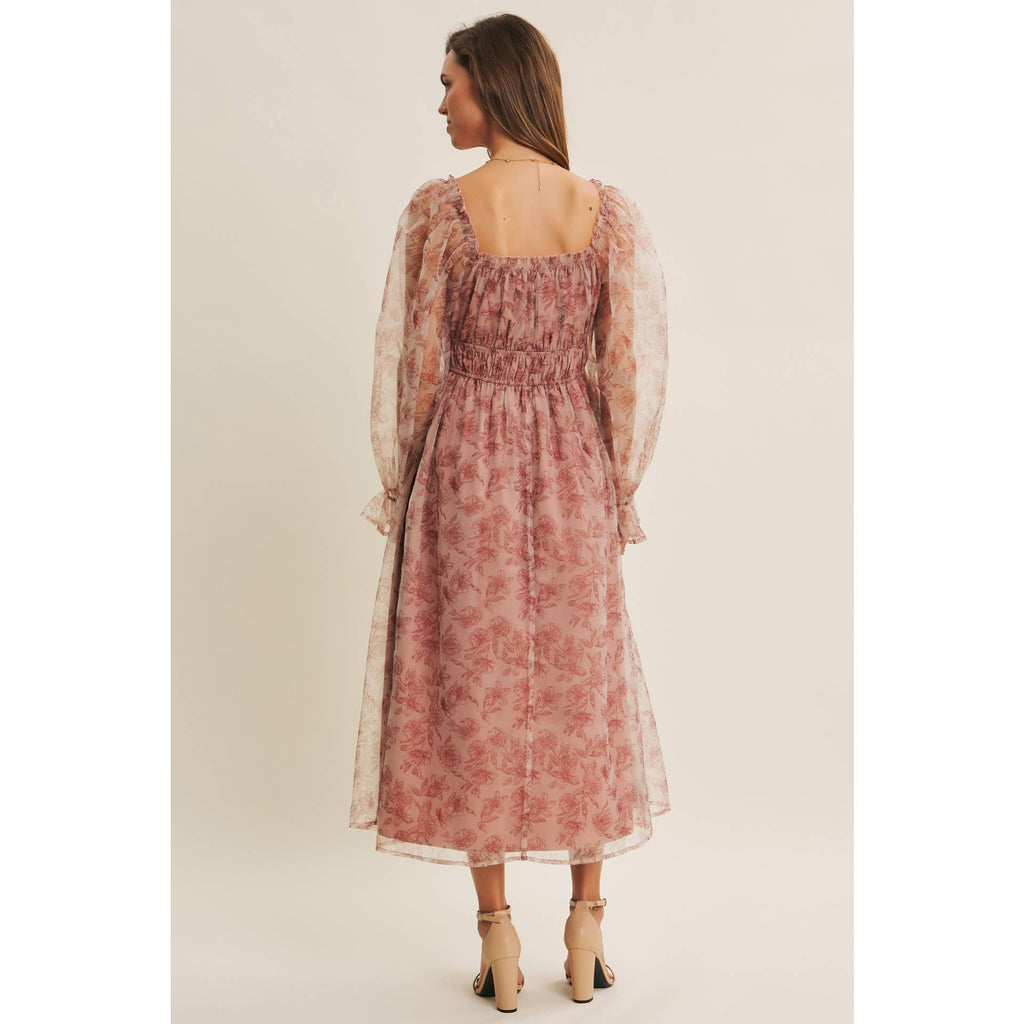 ETHEREAL GRACE FLORAL ORGANZA MIDI DRESS WITH ELASTIC WAIST