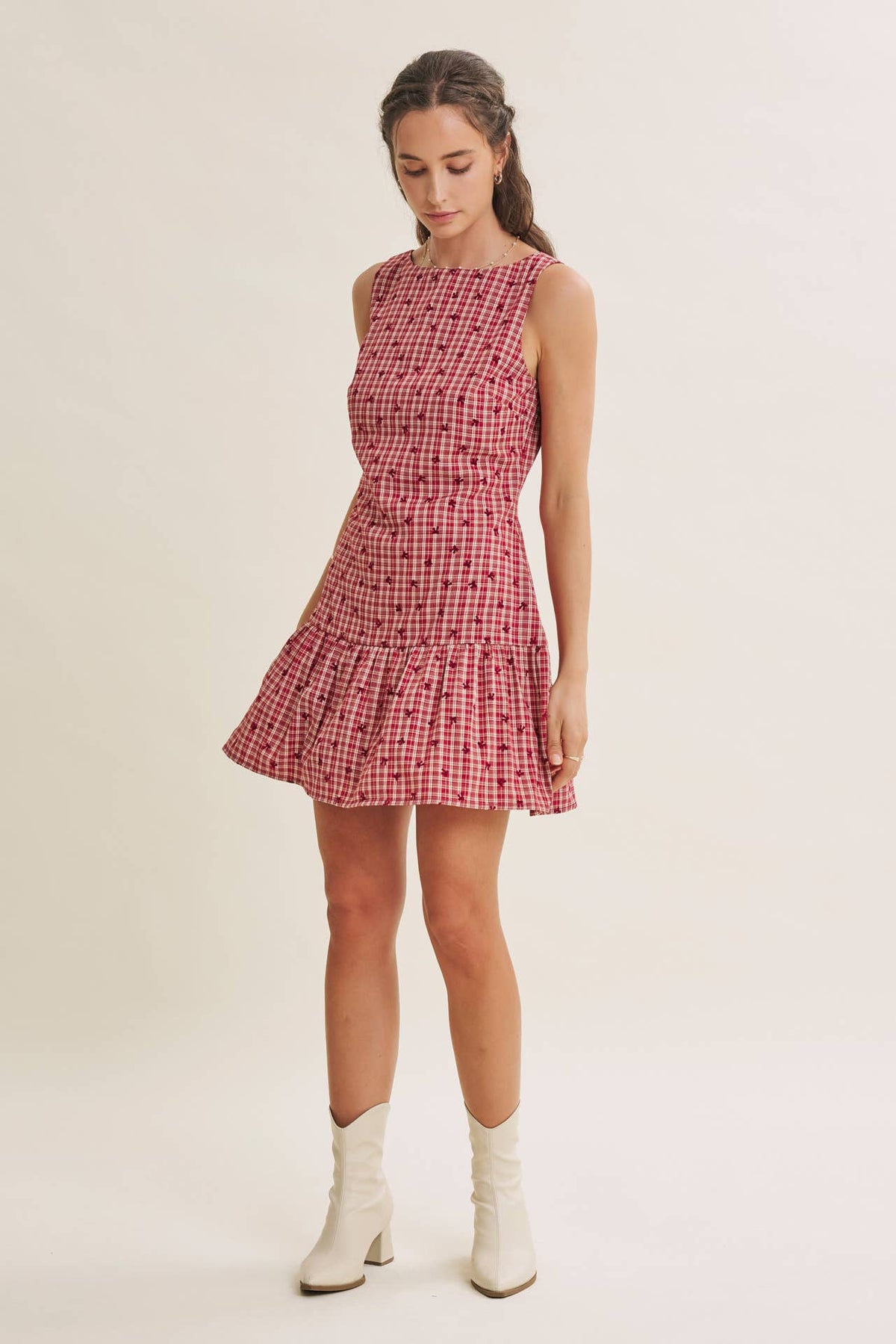 CHARMING FLOCKED PLAID TAILORED DROP WAIST MINI DRESS