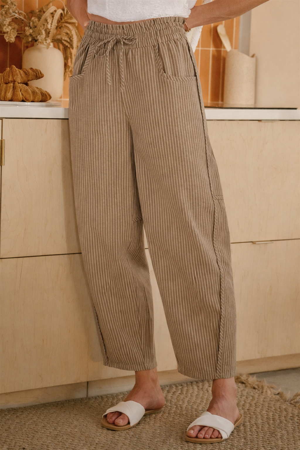 LINEN BLEND STRIPED CASUAL RELAXED PANTS WITH DRAWSTRING