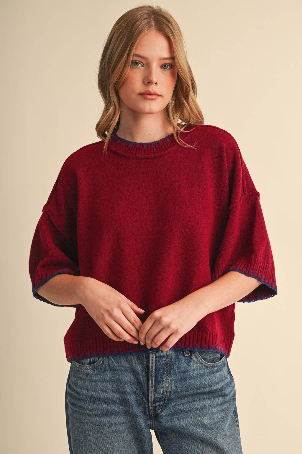 CONTRAST BLANKET STITCH MOCK NECK SHORT SLV SWEATER MSW11407