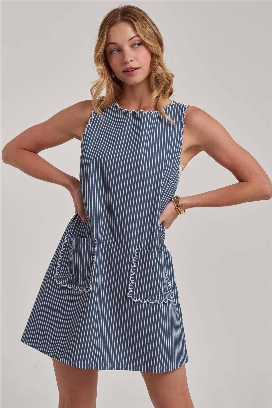SLEEVELESS STRIPE DENIM MINI DRESSWITH SCALLOPED EMBROIDERY