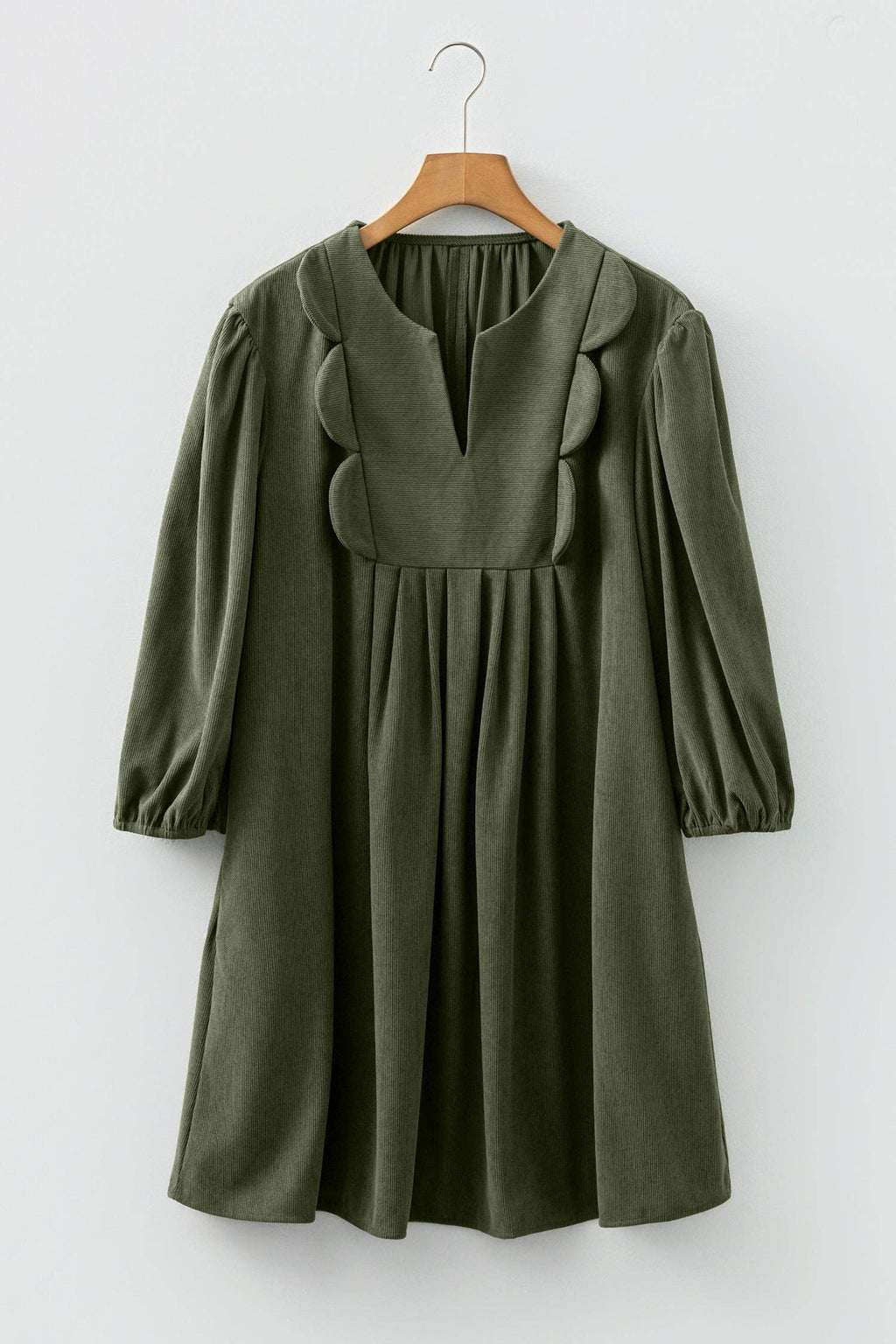 Corduroy Pleated Scallop Neck 3/4 Sleeve Mini Dress