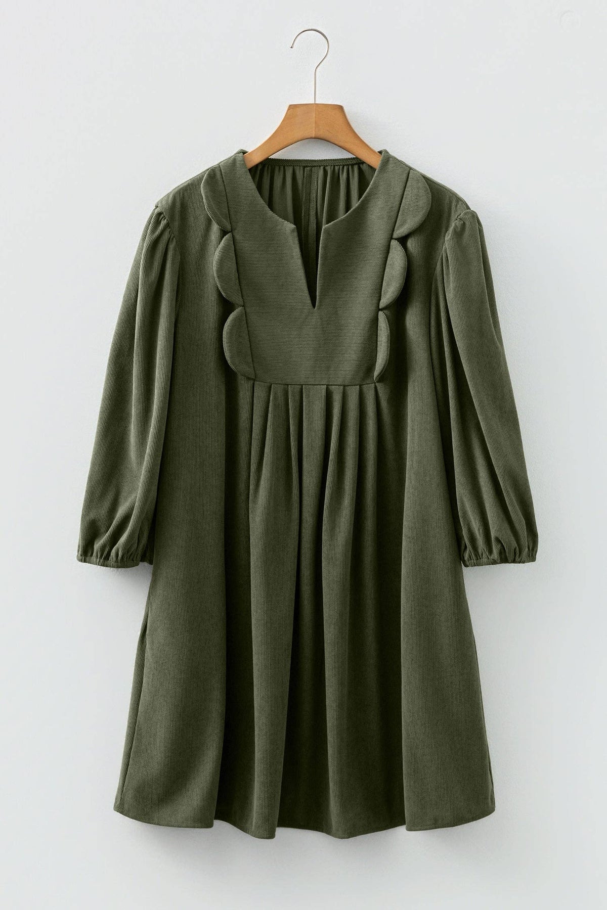 Corduroy Pleated Scallop Neck 3/4 Sleeve Mini Dress