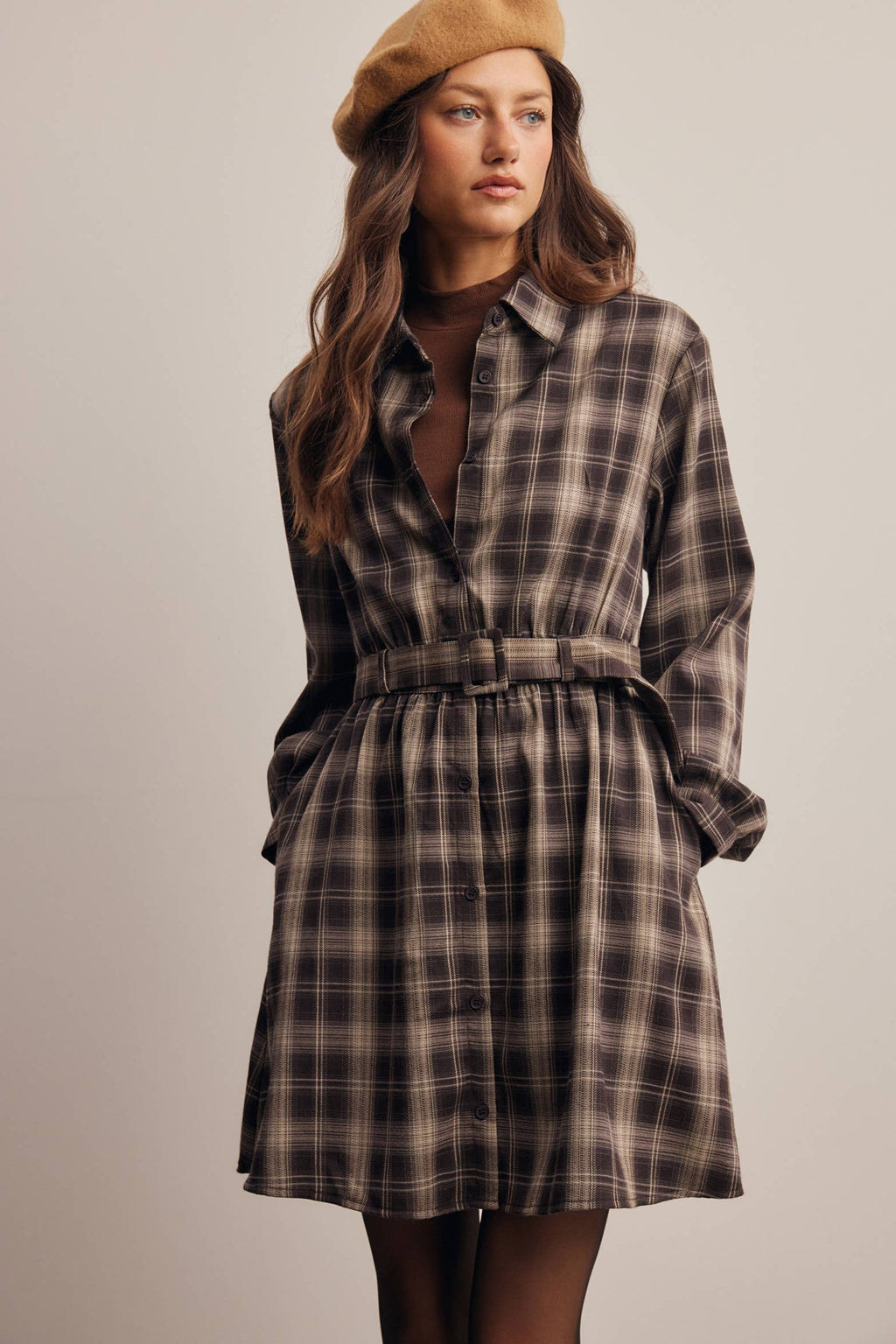 Belted Plaid Shirt Dress FD0063