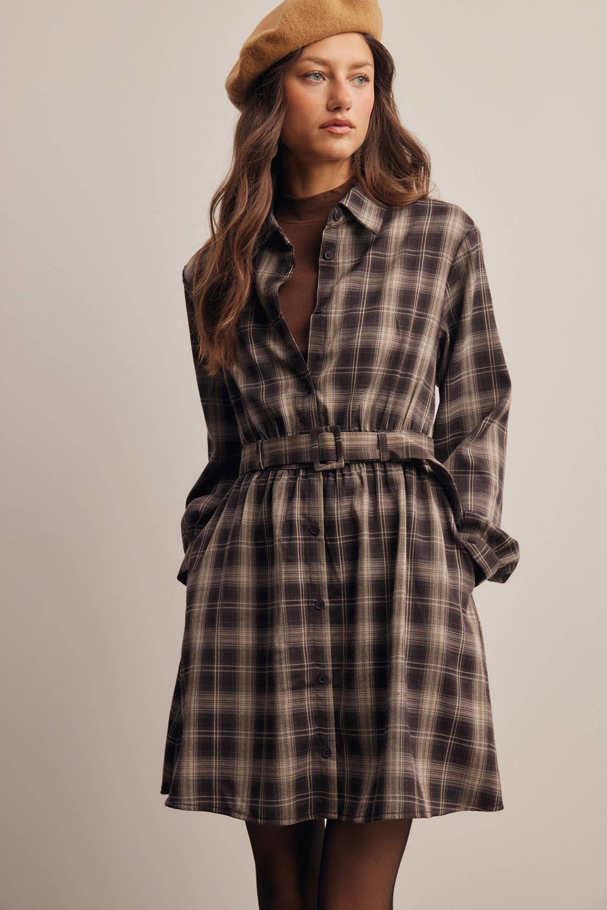 Belted Plaid Shirt Dress FD0063