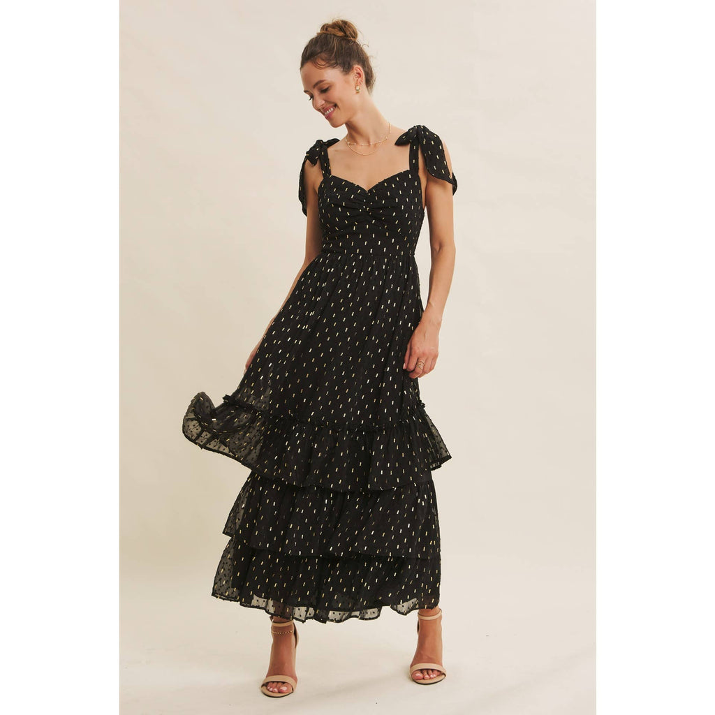 DESIGNED FOR MAGICAL MOMENT RUCHED FOIL SWISS DOT MAXI DRESS