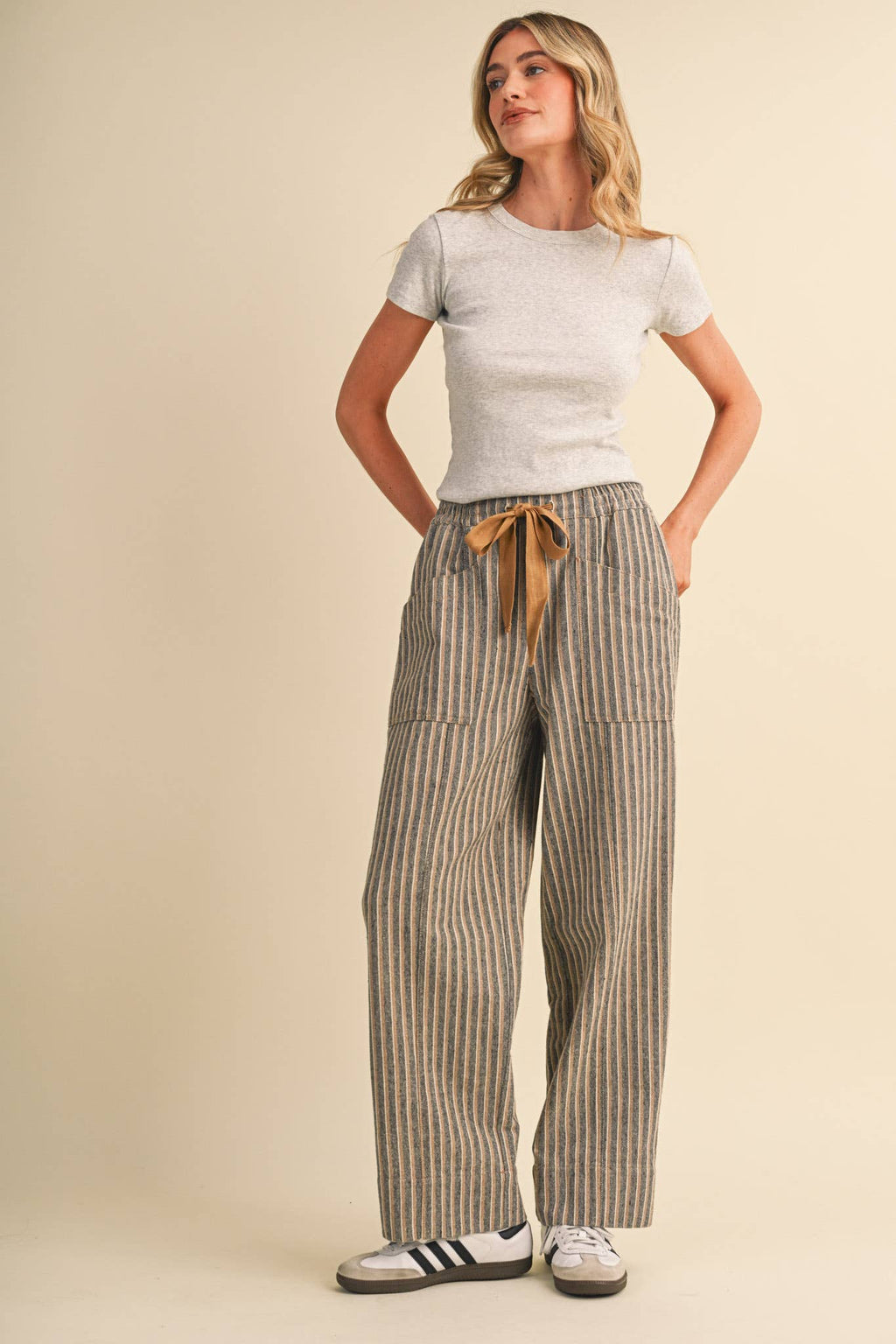 STRIPED WIDE LEG DRAWSTRING PANTS MP5300