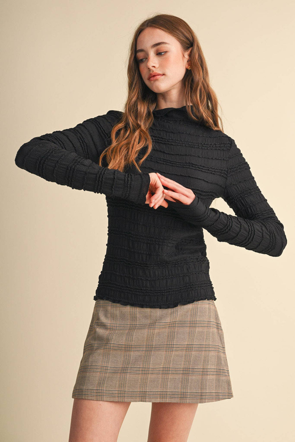 SHIRRED LONG SLEEVE MOCK NECK TOP MTP5407
