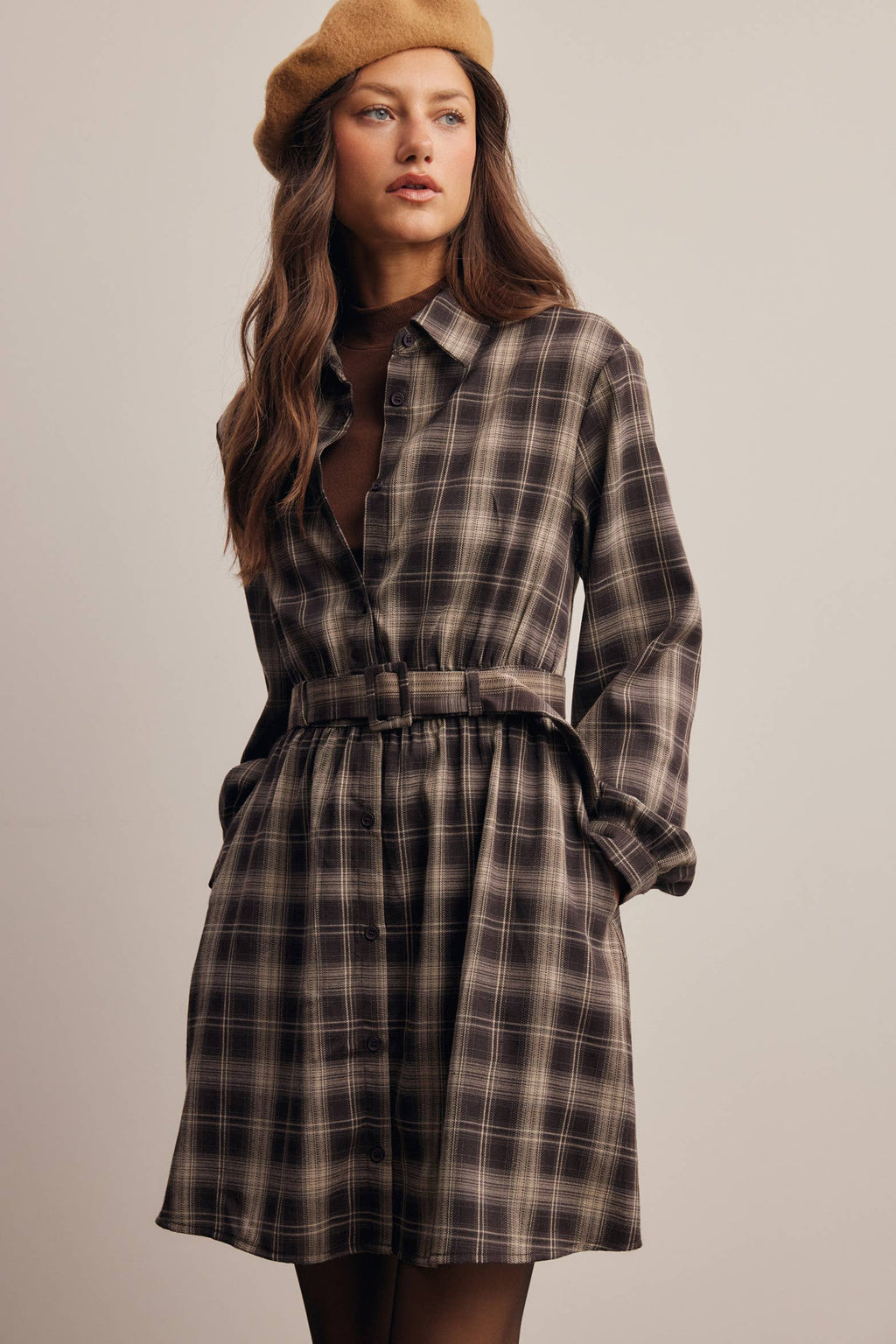 Belted Plaid Shirt Dress FD0063