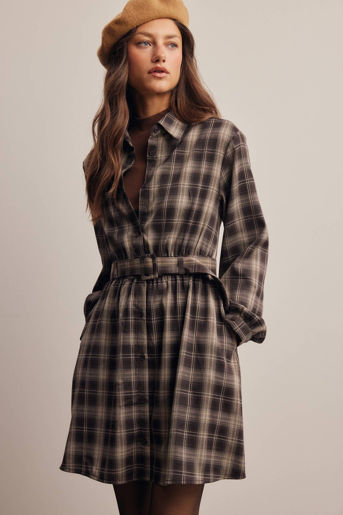 Belted Plaid Shirt Dress FD0063