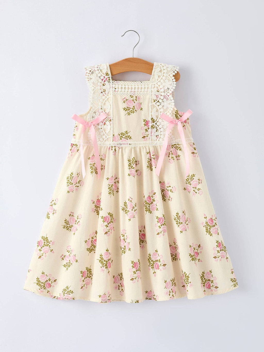 Lace-trimmed Bow Girls' Dress-Pink/Blue