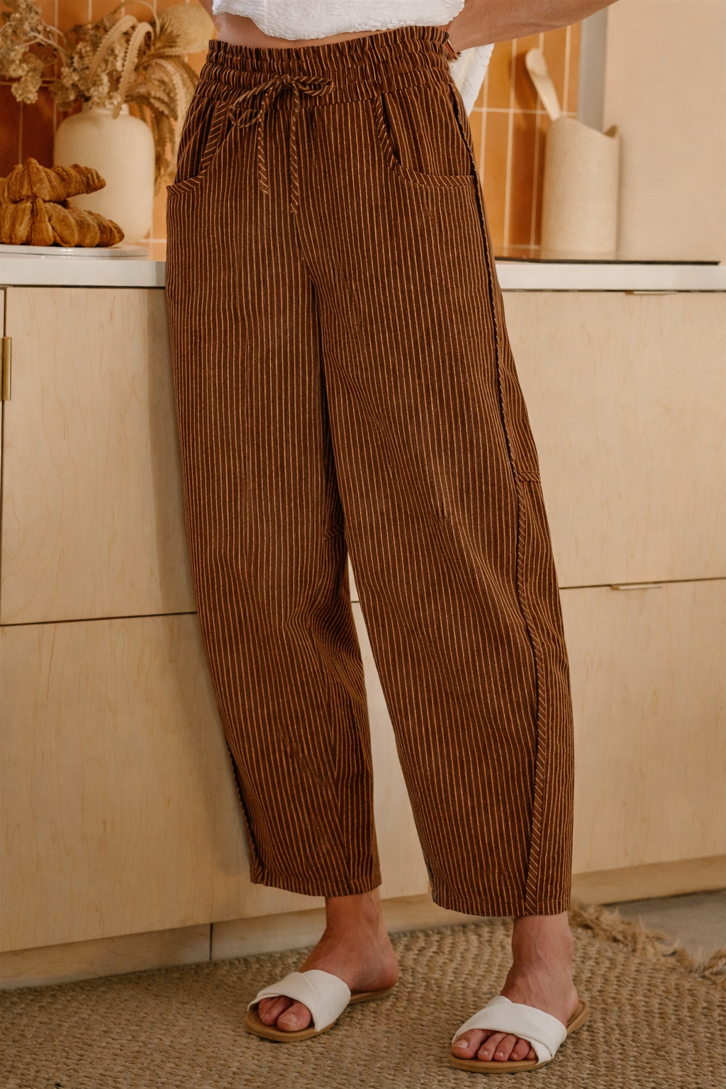 LINEN BLEND STRIPED CASUAL RELAXED PANTS WITH DRAWSTRING