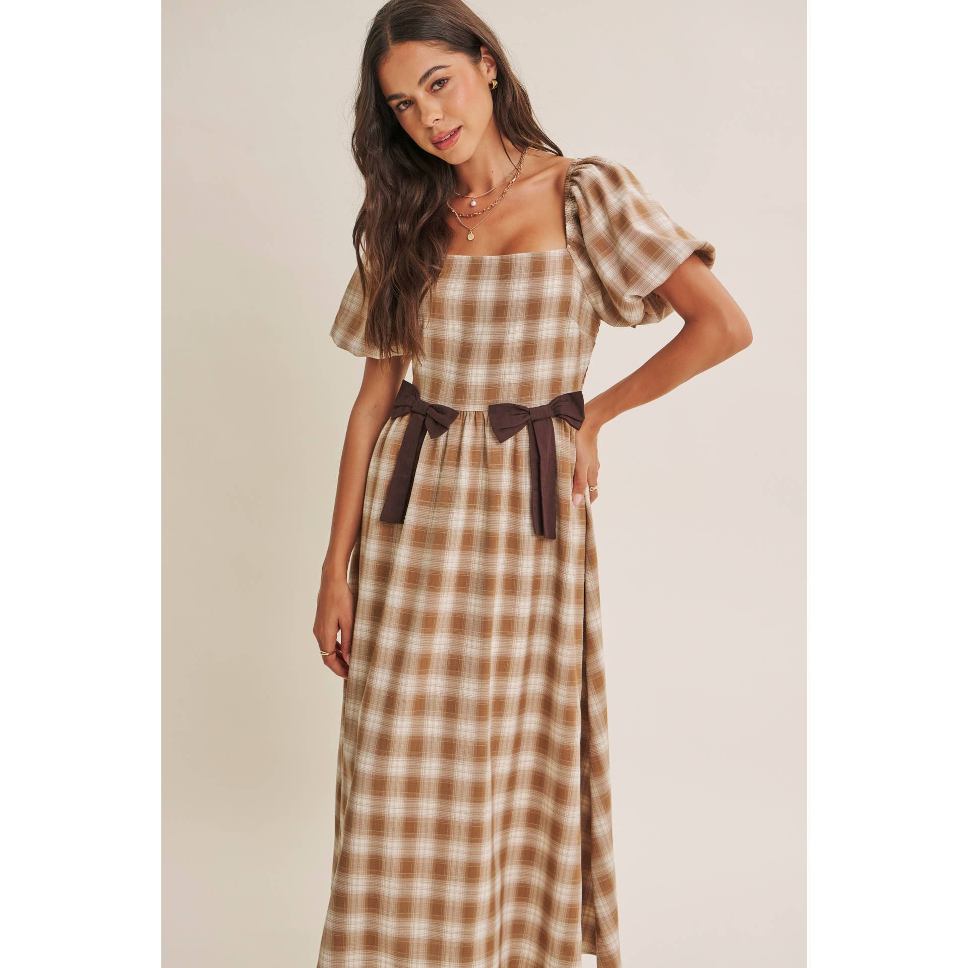 GOLDEN FIELD PLAID SMOCKED MIDI DRESS WITH CONTRAST BOW