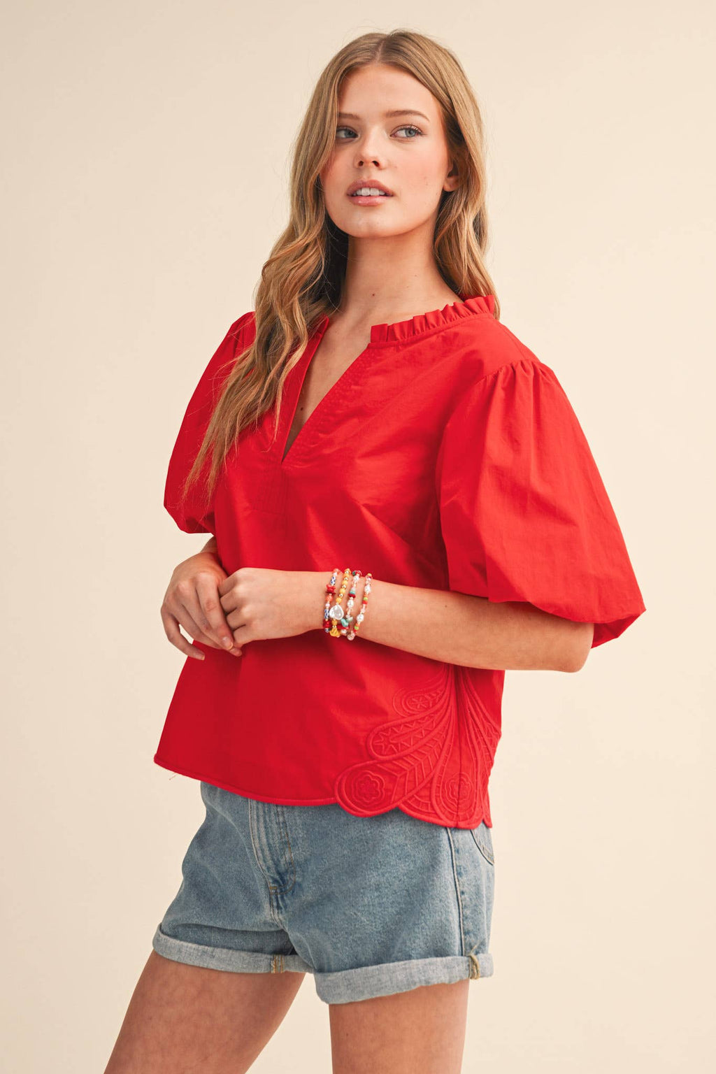 BUBBLE SLEEVE TOP WITH SIDE EMBROIDERY MTP4549