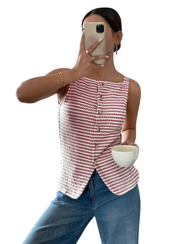 Striped Knit Button Front Tank Top Slim Fit Summer Vest