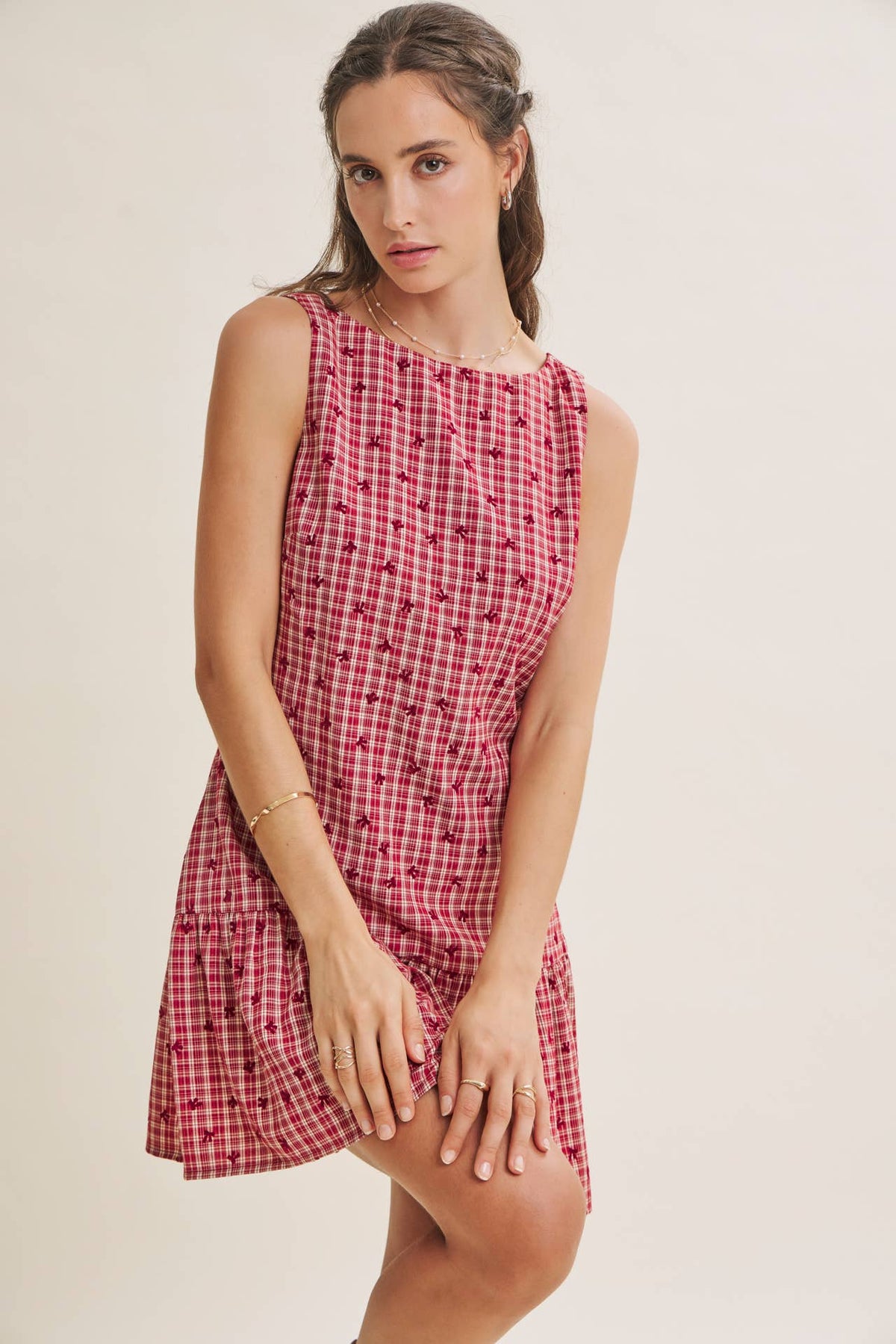 CHARMING FLOCKED PLAID TAILORED DROP WAIST MINI DRESS