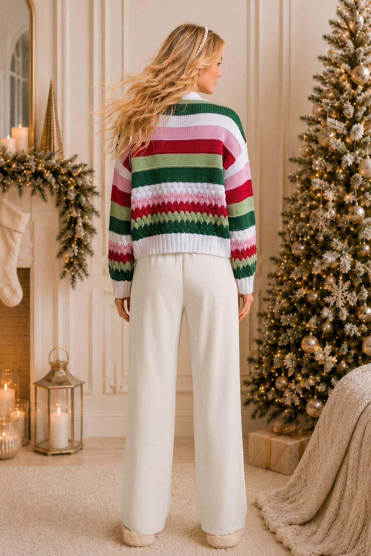 Holiday Ribbon Tie Stripe Cardigan Sweater