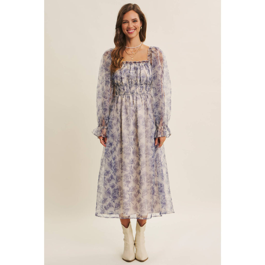 ETHEREAL GRACE FLORAL ORGANZA MIDI DRESS WITH ELASTIC WAIST