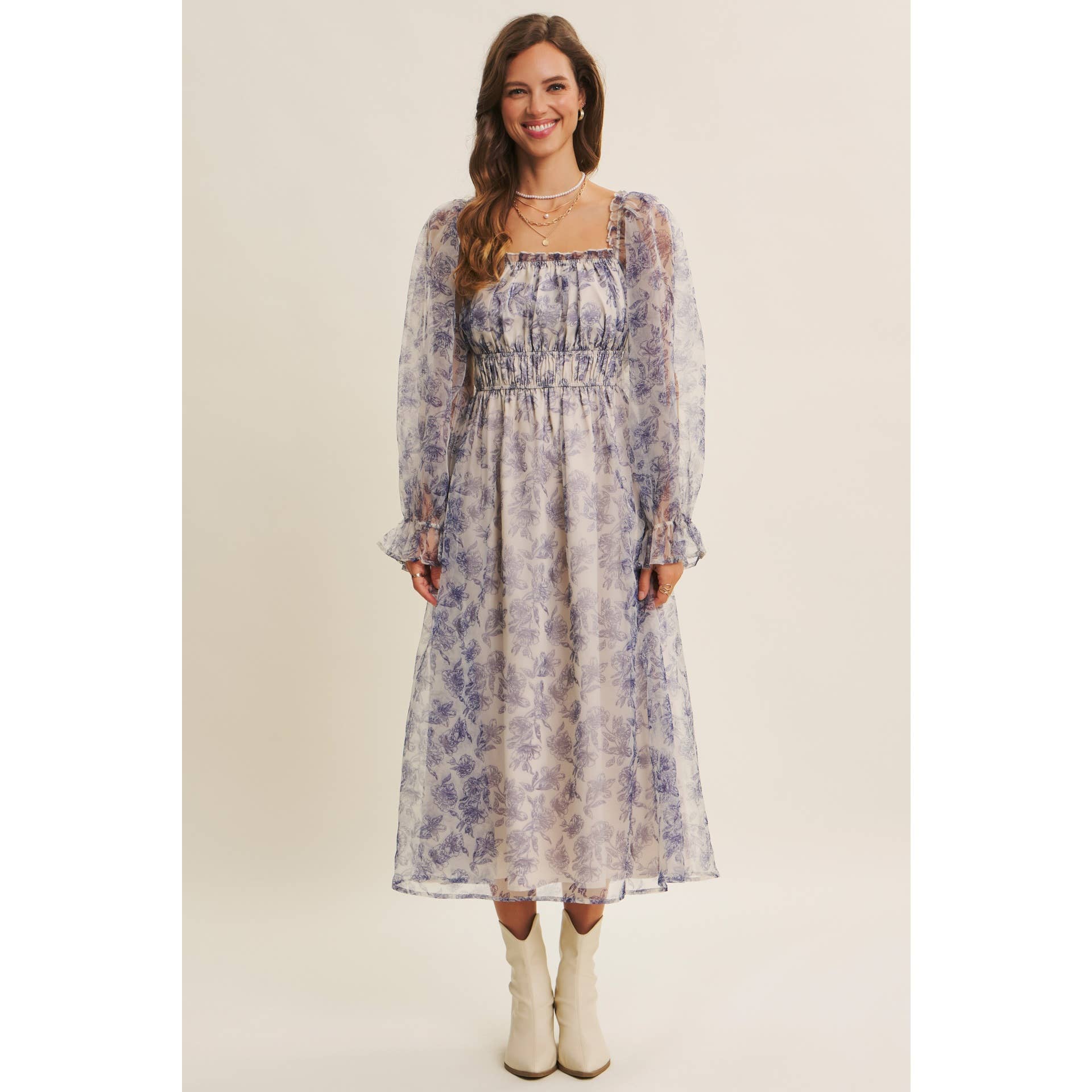 ETHEREAL GRACE FLORAL ORGANZA MIDI DRESS WITH ELASTIC WAIST