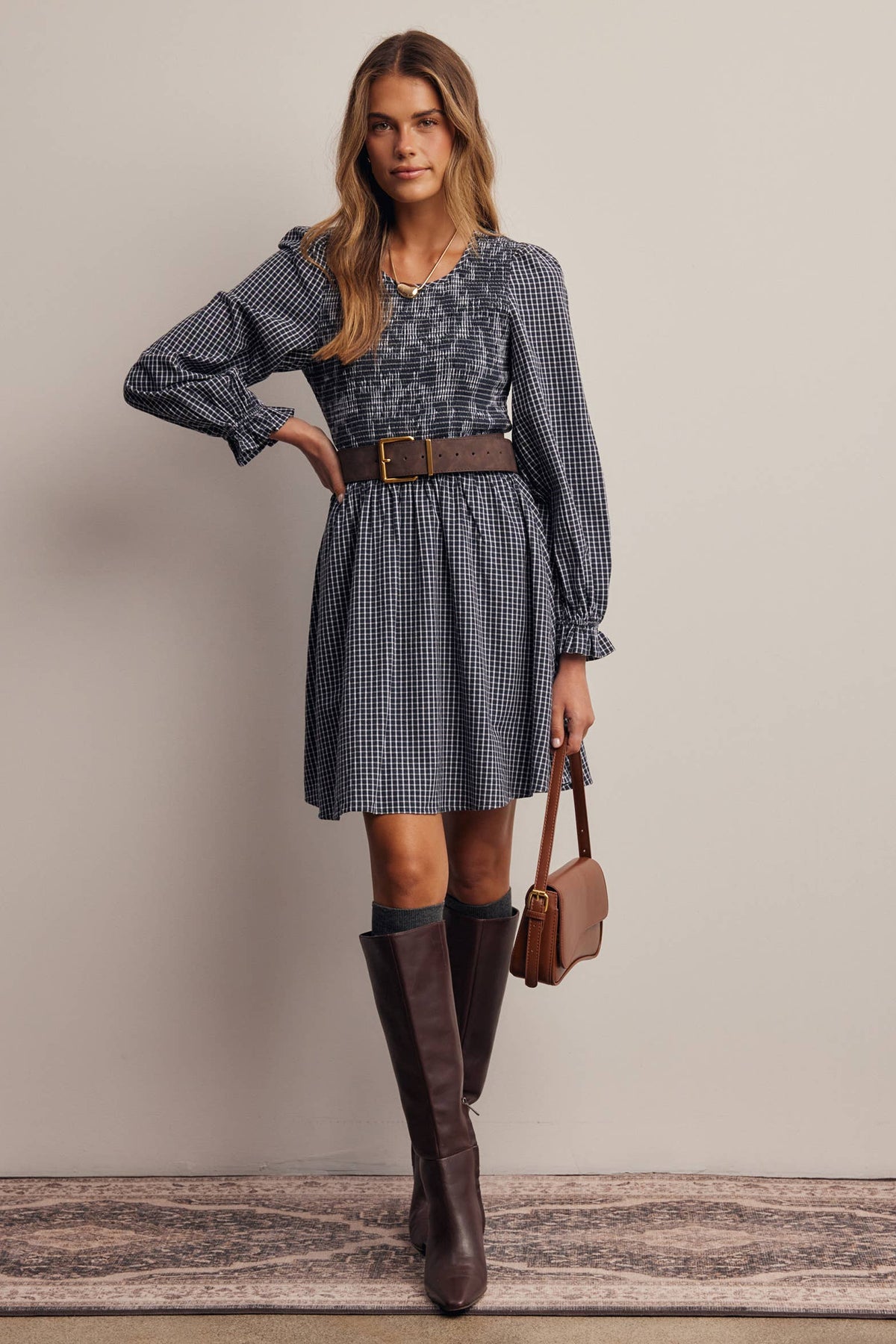 Smocked Gingham Mini Dress FD0071
