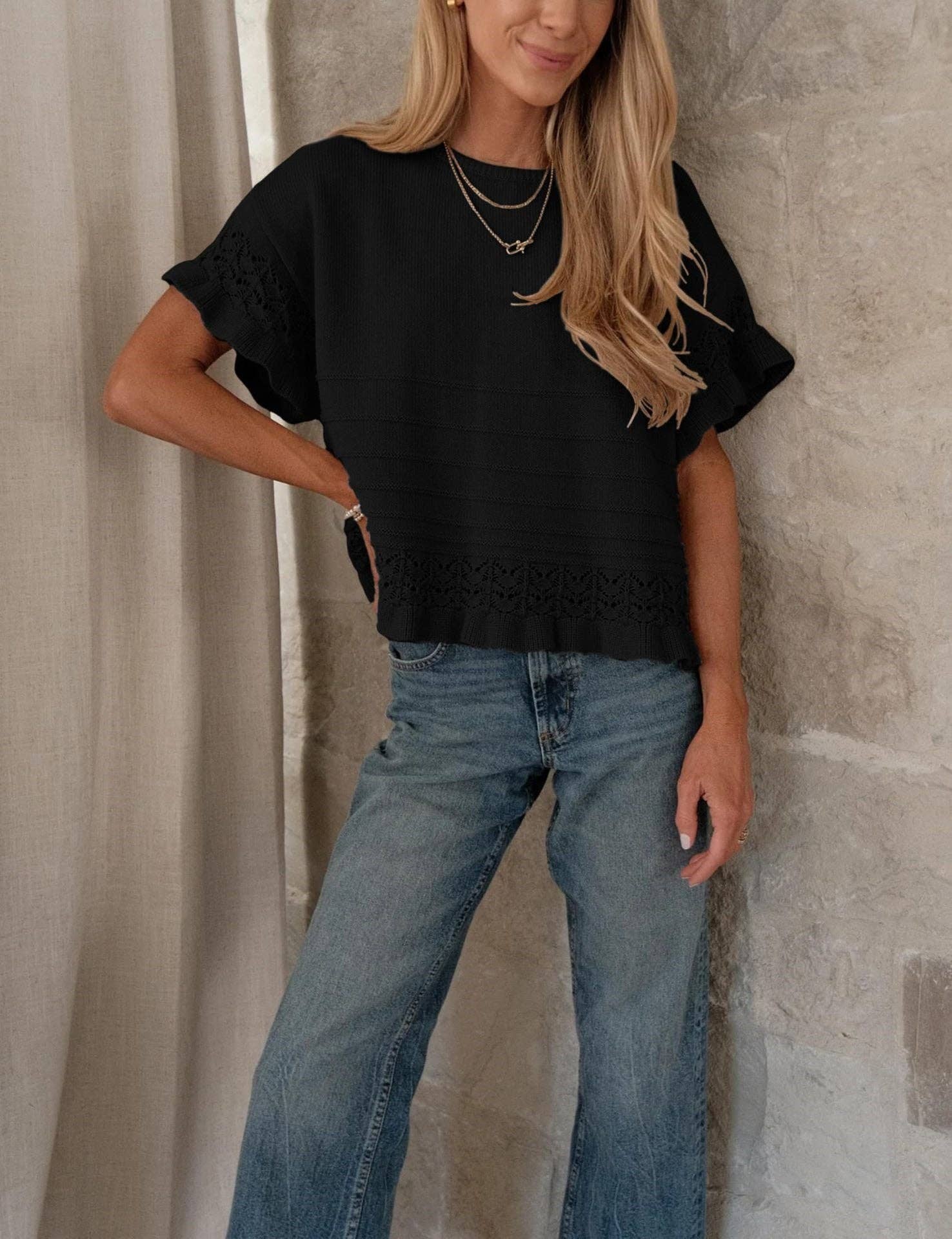 Boho Solid Knit Top Casual Eyelet Ruffle Sleeve