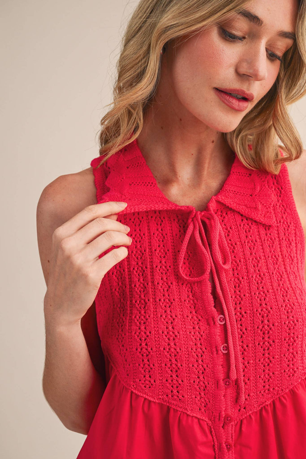 MIXED MEDIA COLLARED BUTTON DOWN SWEATER TOP MSW11289