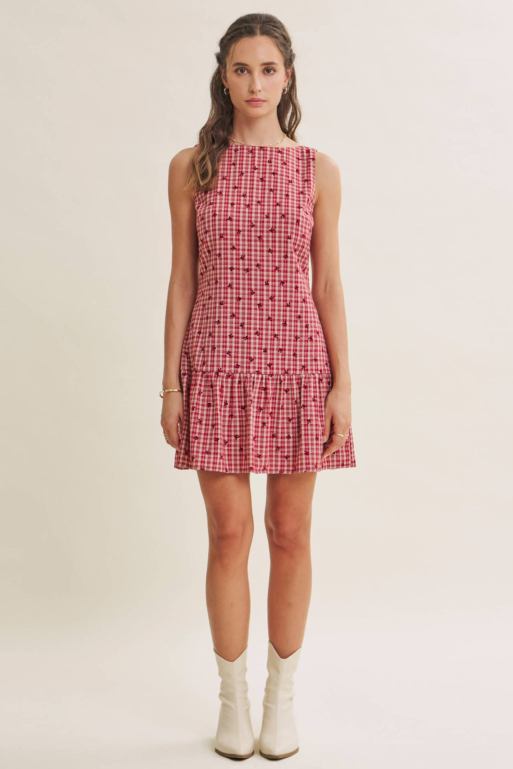CHARMING FLOCKED PLAID TAILORED DROP WAIST MINI DRESS