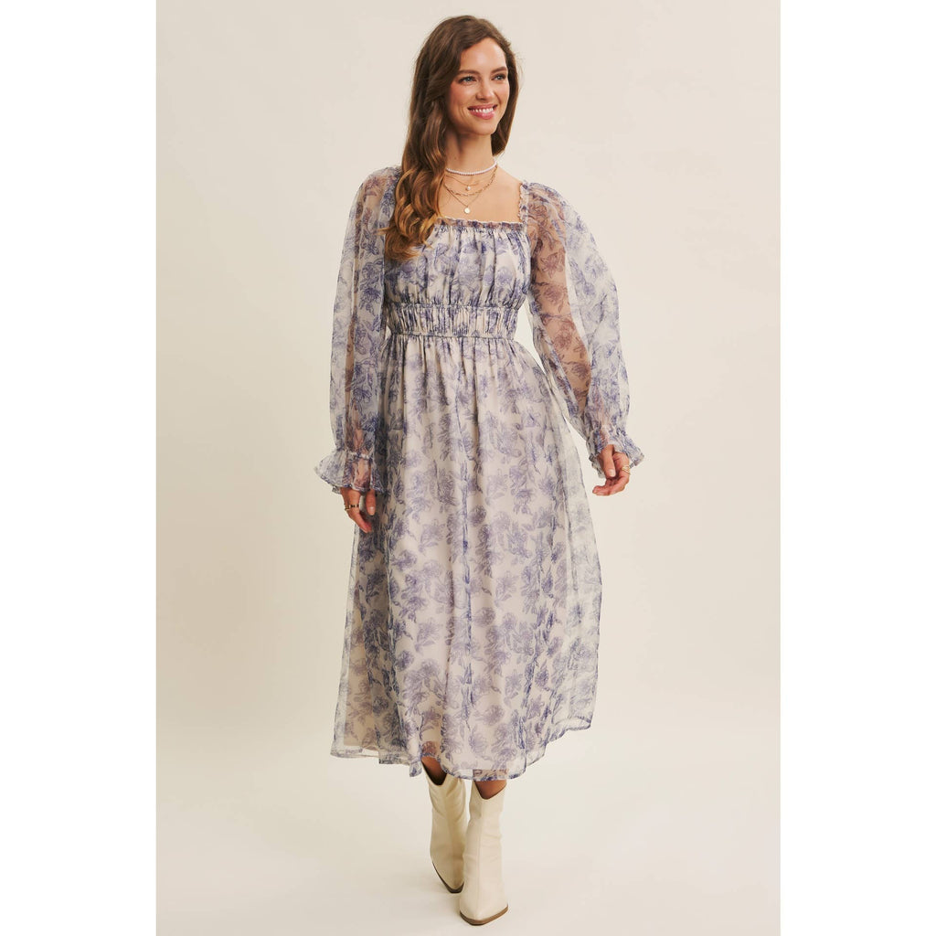 ETHEREAL GRACE FLORAL ORGANZA MIDI DRESS WITH ELASTIC WAIST