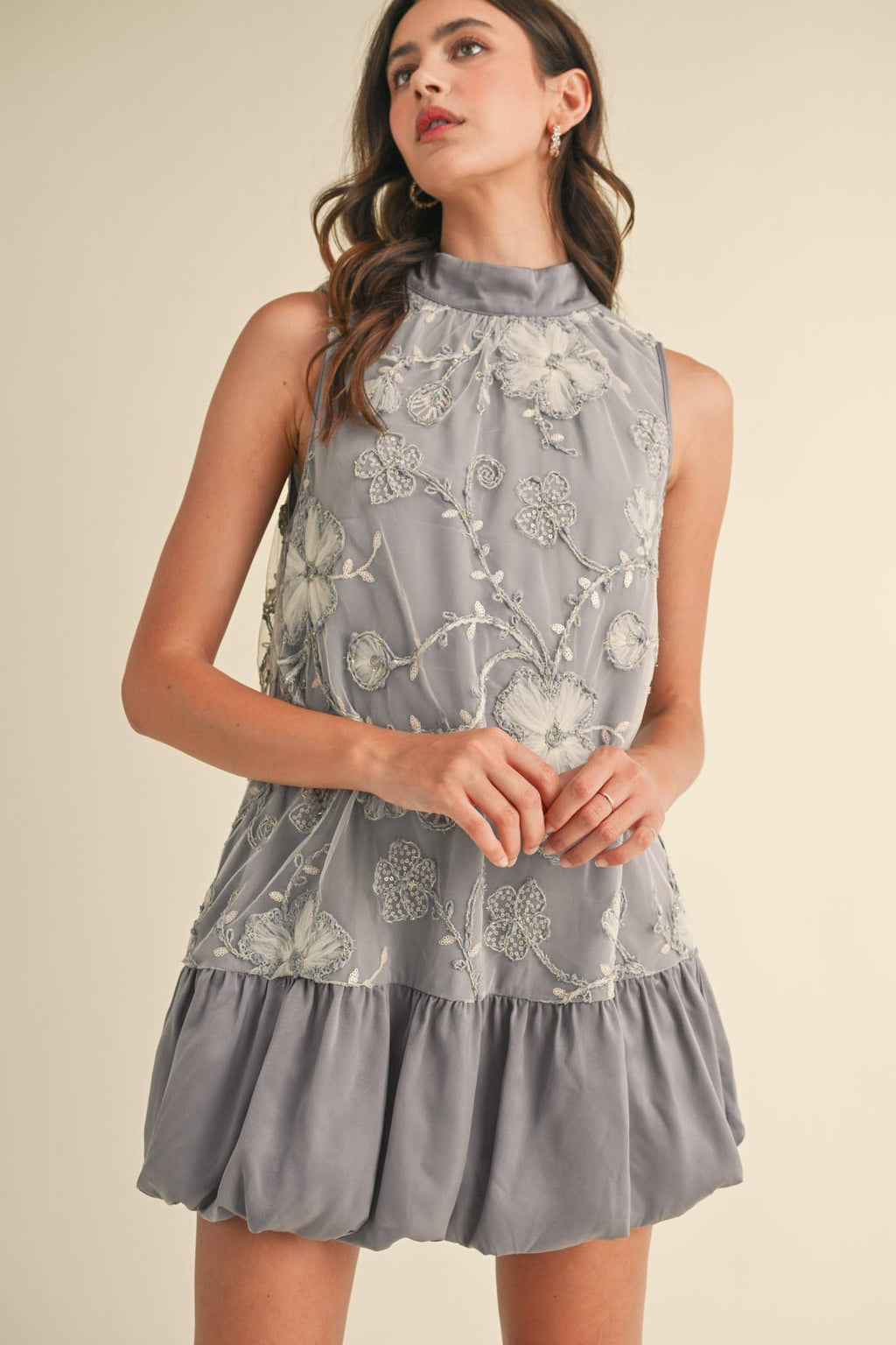 BUBBLE HEM EMBELLISHED MIXED MEDIA MINI DRESS MDR3691