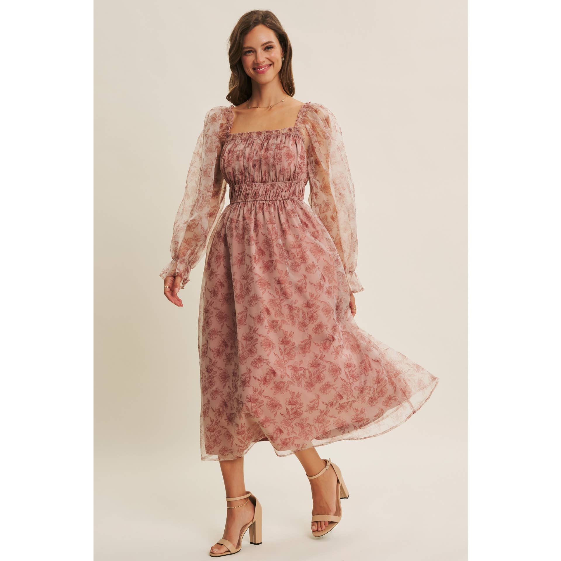 ETHEREAL GRACE FLORAL ORGANZA MIDI DRESS WITH ELASTIC WAIST