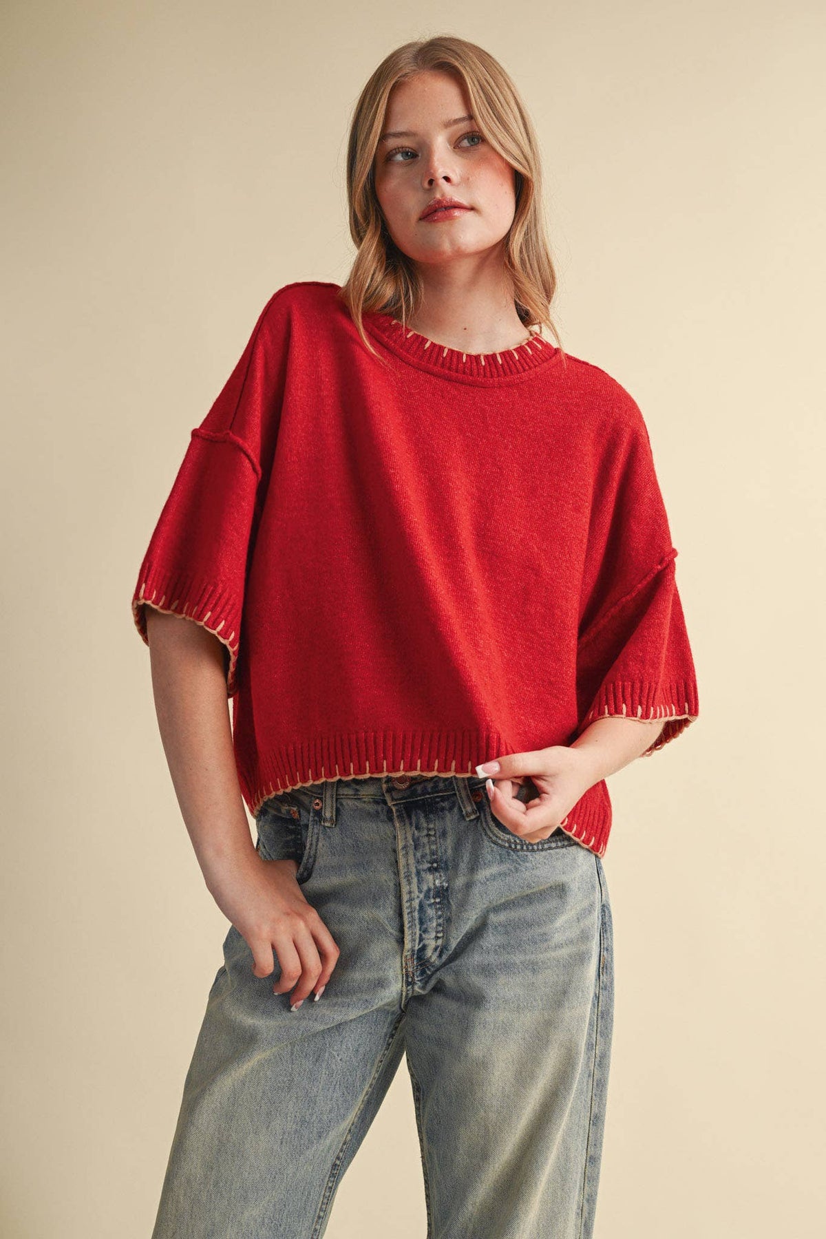 CONTRAST BLANKET STITCH MOCK NECK SHORT SLV SWEATER MSW11407