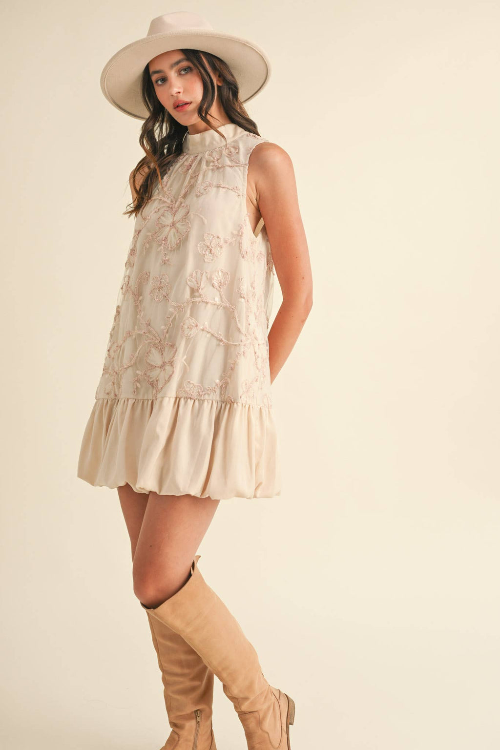 BUBBLE HEM EMBELLISHED MIXED MEDIA MINI DRESS MDR3691
