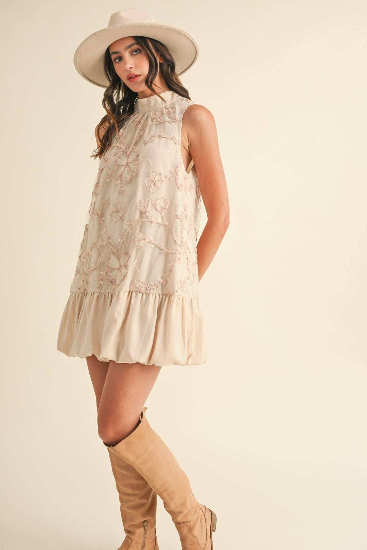 BUBBLE HEM EMBELLISHED MIXED MEDIA MINI DRESS MDR3691