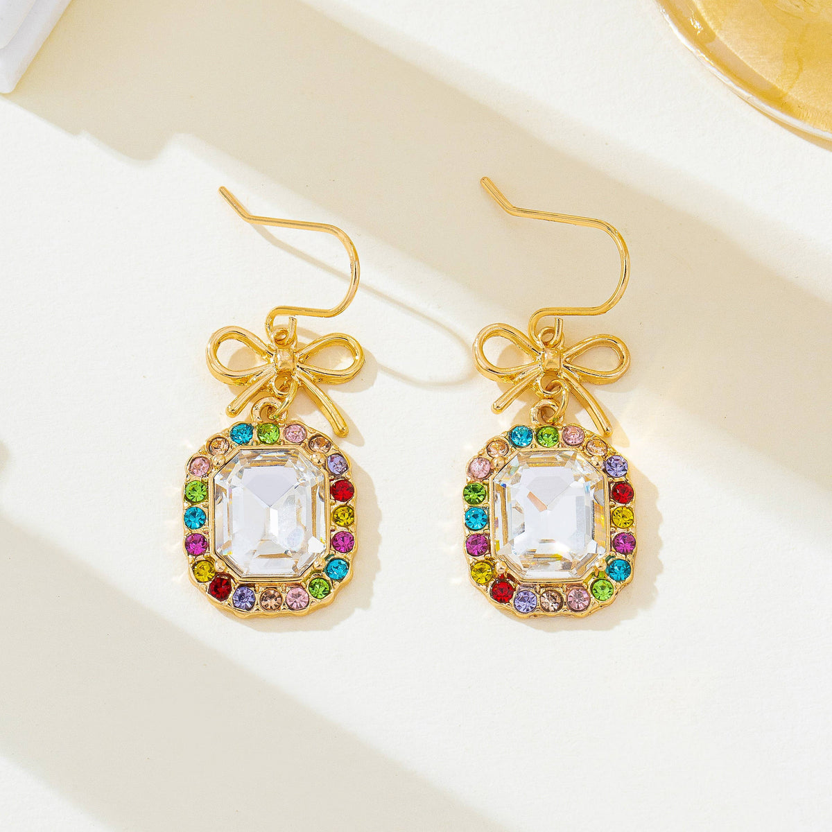 Bow & Emerald-Cut Rainbow Crystal Drop Earrings | 80E62407
