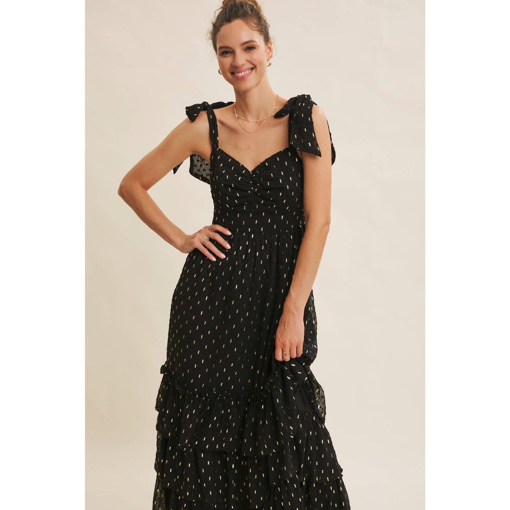 DESIGNED FOR MAGICAL MOMENT RUCHED FOIL SWISS DOT MAXI DRESS