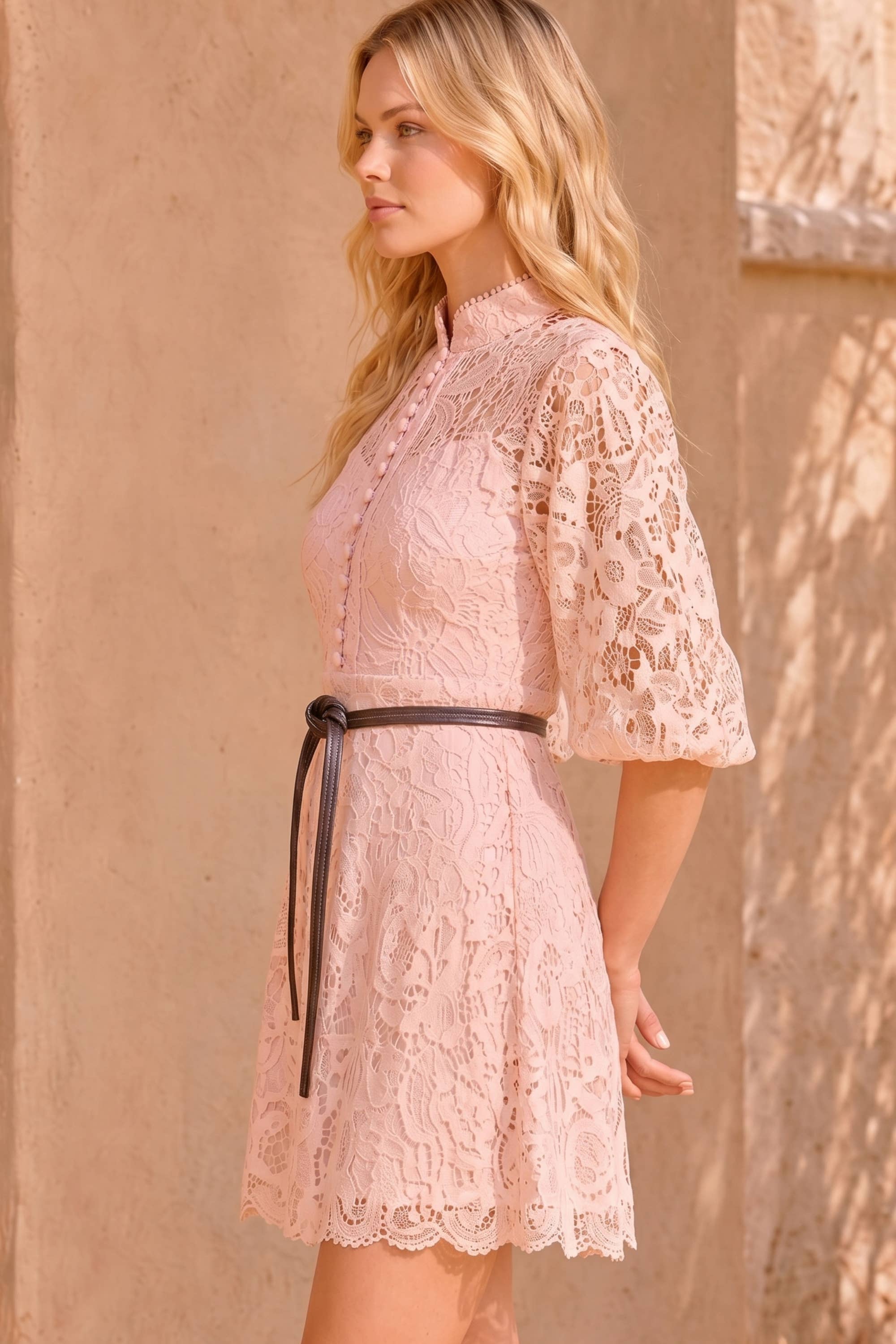 Mock Neck Collar Button Down Mini Lace Dress