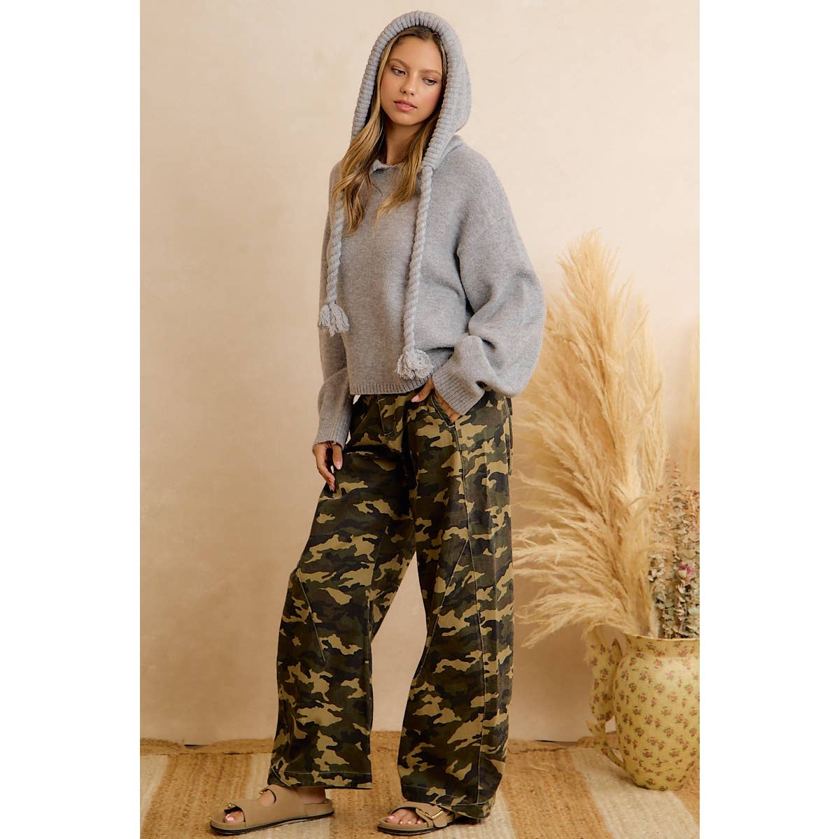 CHIC CAMO PRINT RELAXED WIDE LEG PANTS
