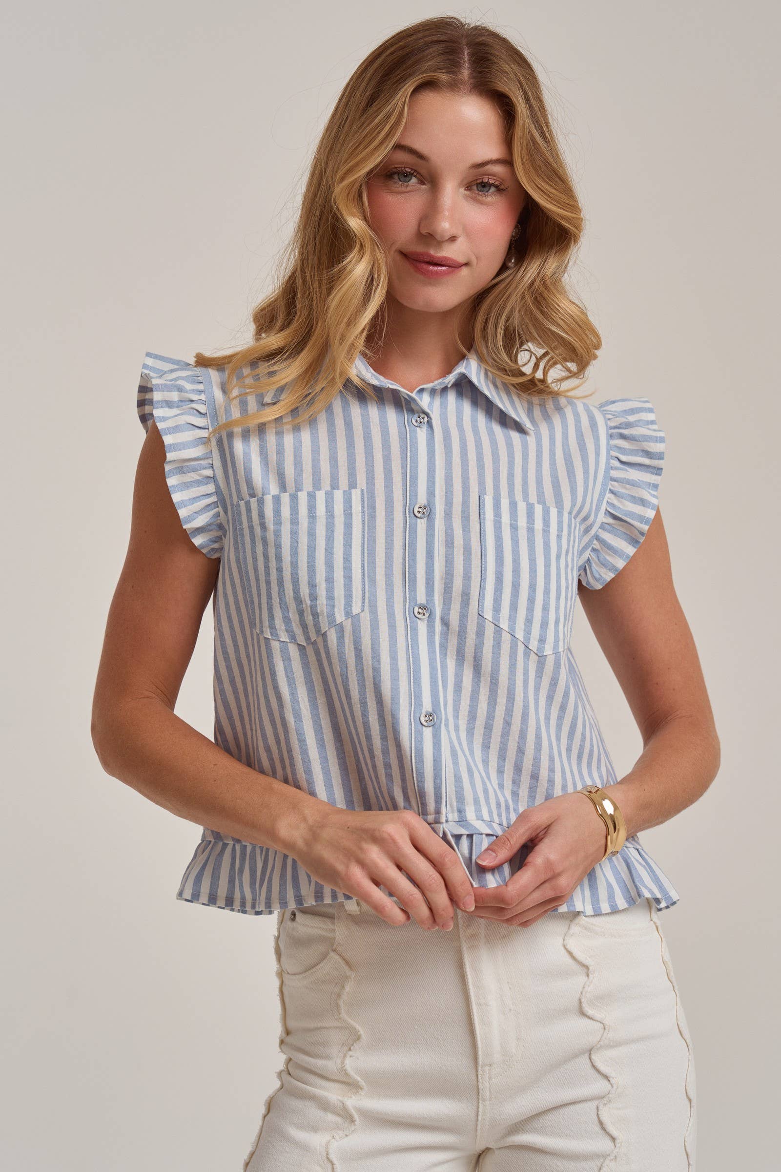 STRIPE BUTTON FRONT SLEEVELESS BLOUSE TOP
