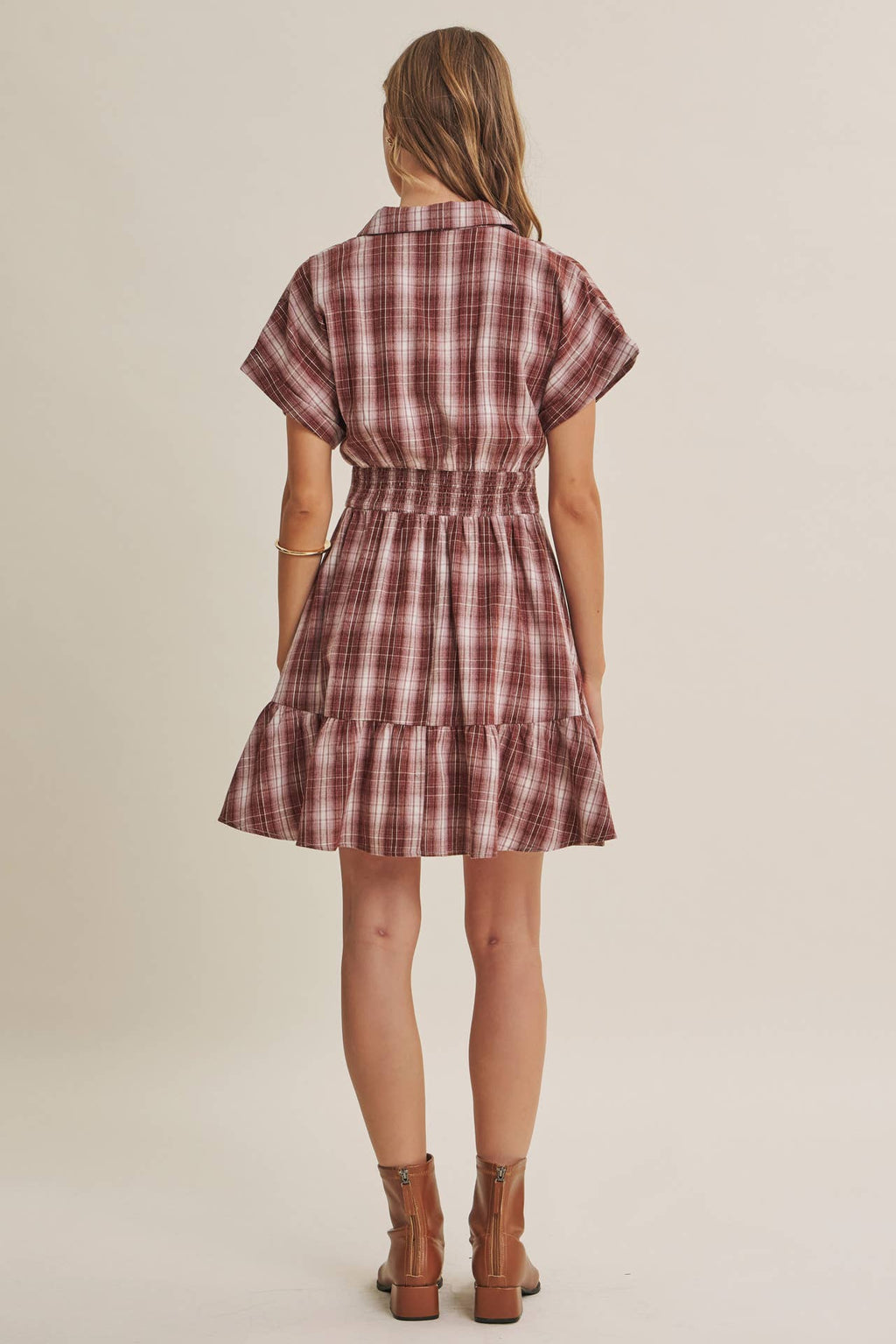AUTUMN PICNIC DROP SHOULDER PLAID SMOCKED WAIST MINI DRESS