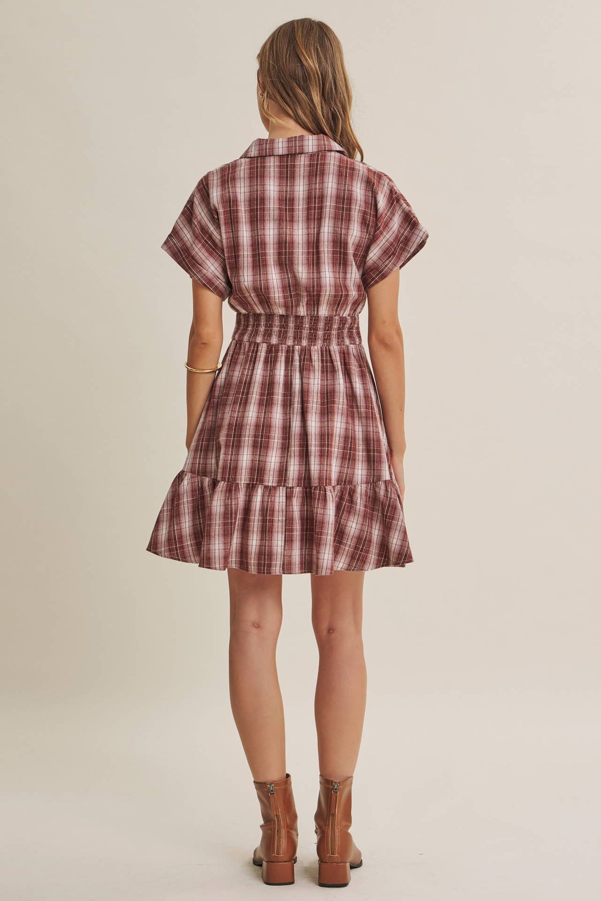 AUTUMN PICNIC DROP SHOULDER PLAID SMOCKED WAIST MINI DRESS