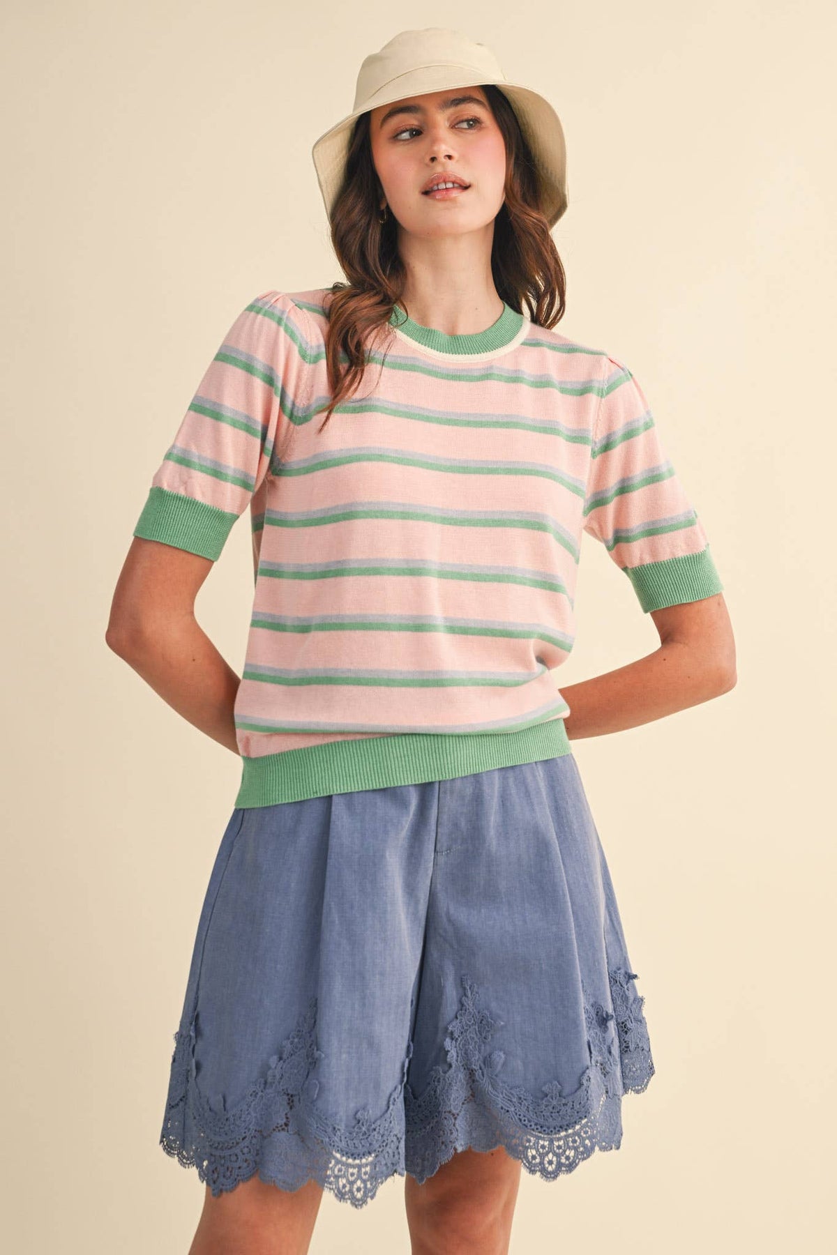 STRIPED SHORT SLEEVE SWEATER MSW11335