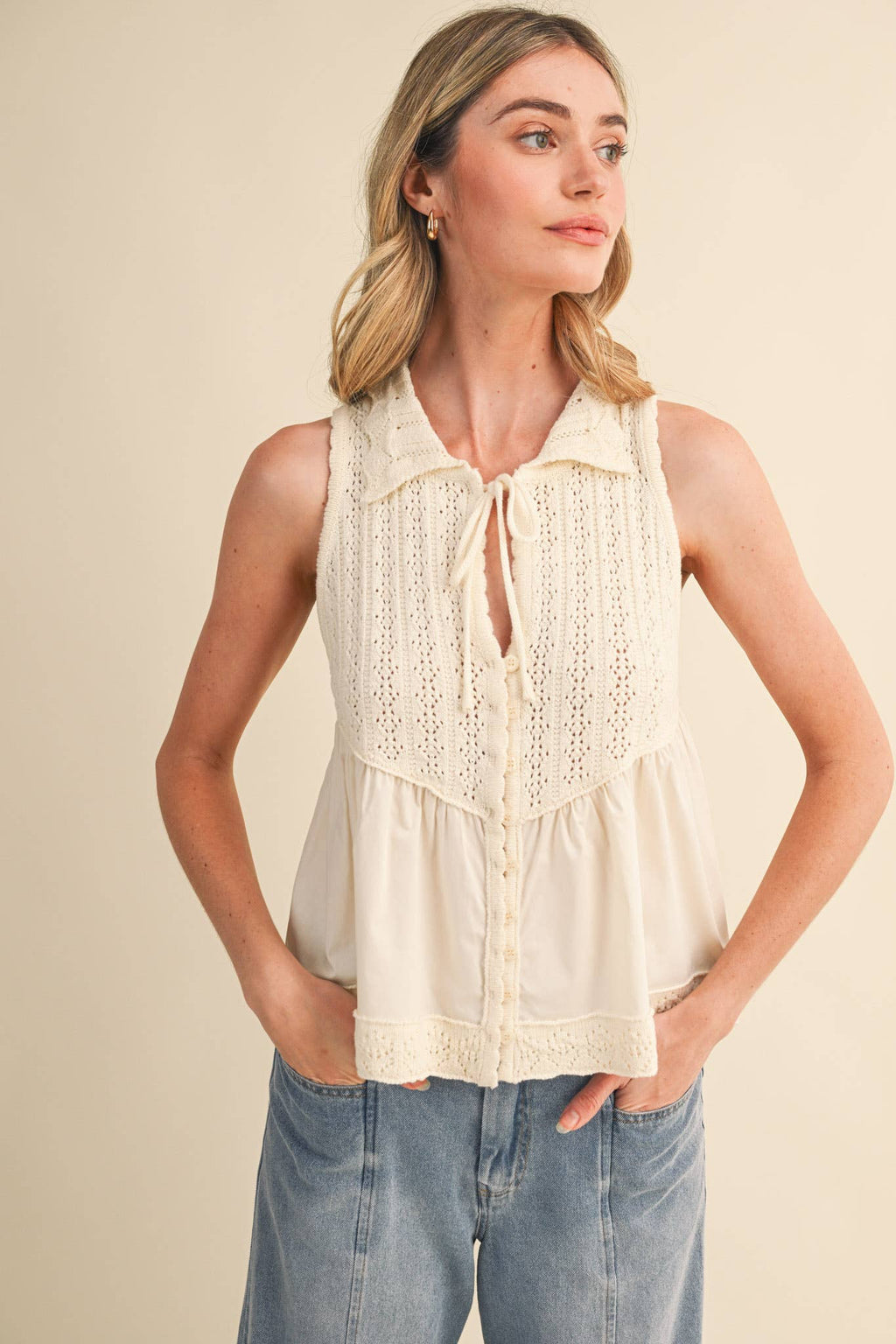 MIXED MEDIA COLLARED BUTTON DOWN SWEATER TOP MSW11289