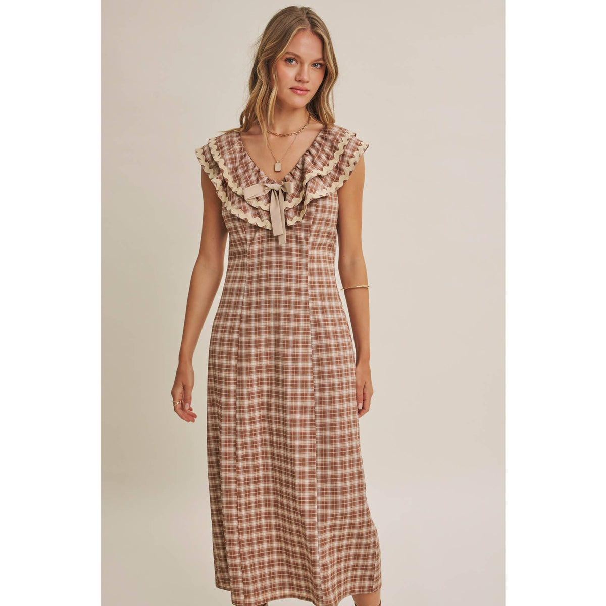 AUTUMN HARVEST RUFFLED PLAID BODY SKIMMING SLIT MIDI DRESS