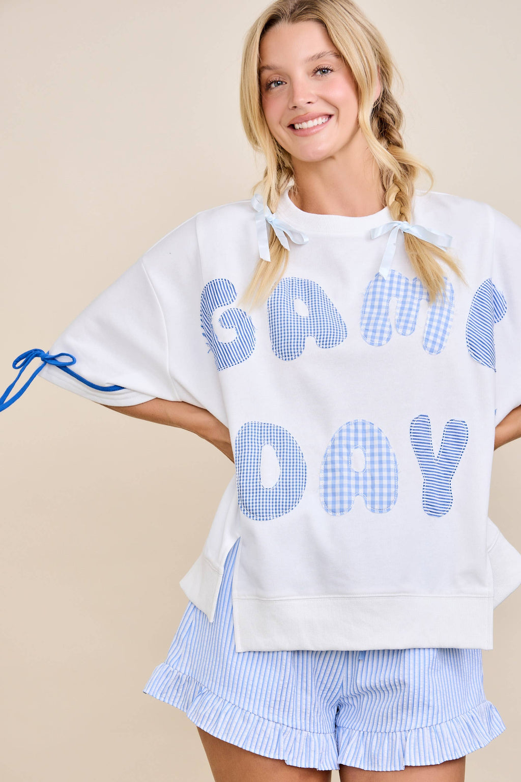 Game Day Patchwork Boxy Top – Ribbon Sleeve Western Style