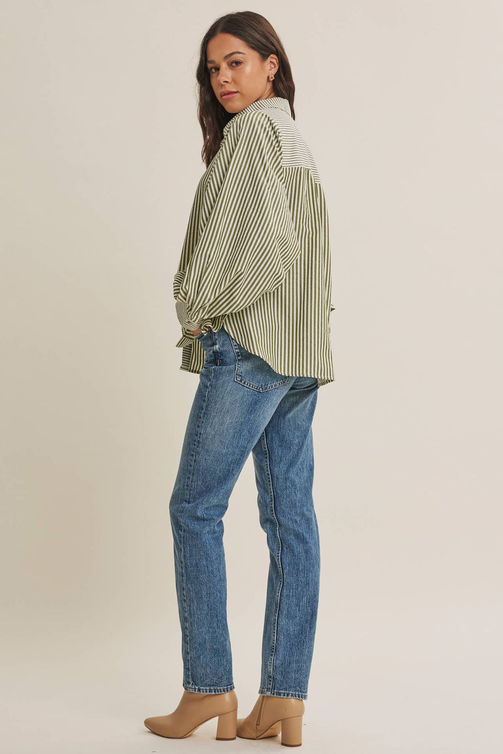 FRENCH CAFE MIXED STRIPE BATWING BUTTON-DOWN SHIRT