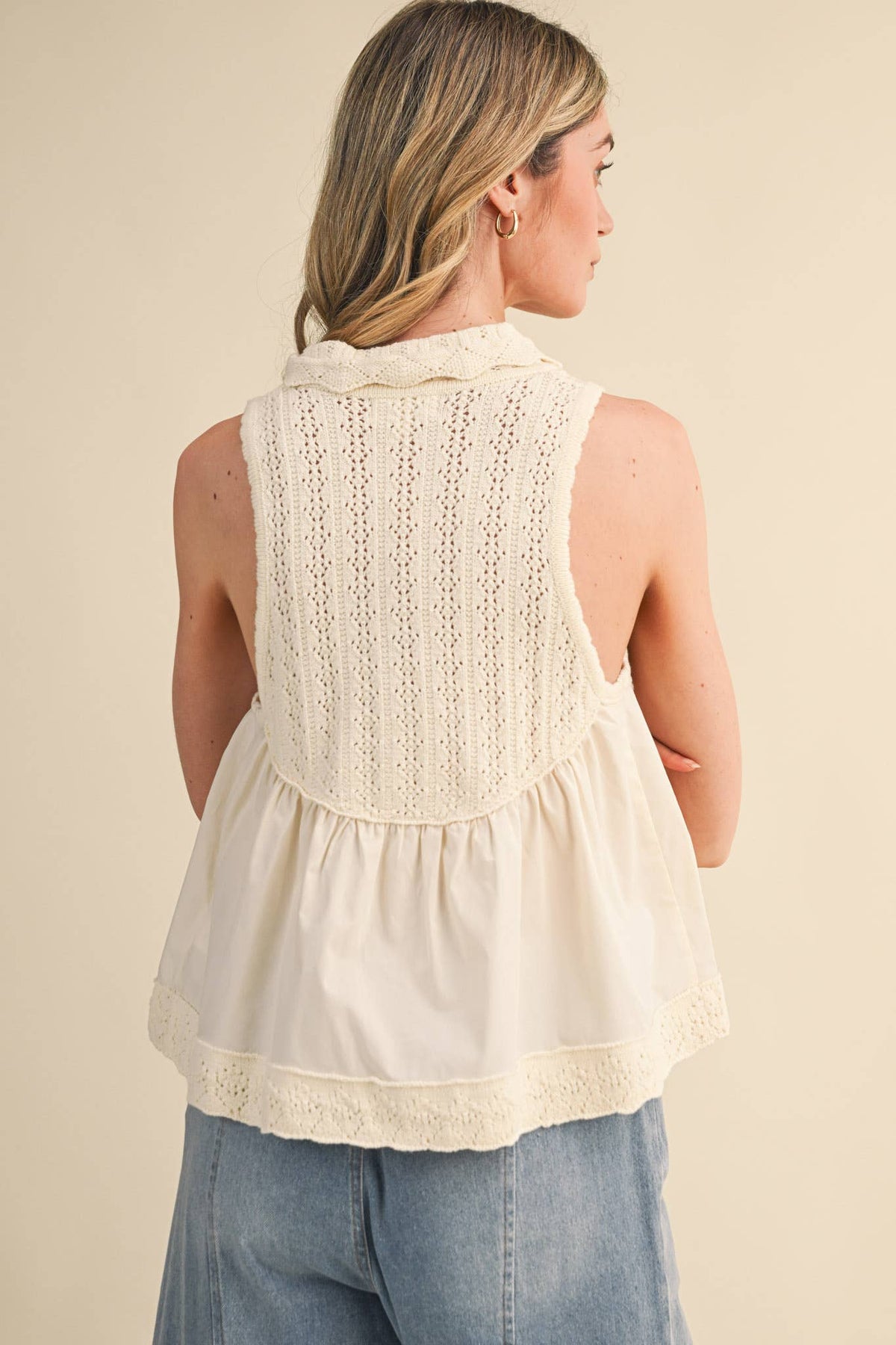 MIXED MEDIA COLLARED BUTTON DOWN SWEATER TOP MSW11289