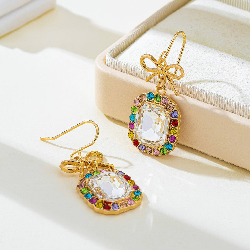 Bow & Emerald-Cut Rainbow Crystal Drop Earrings | 80E62407